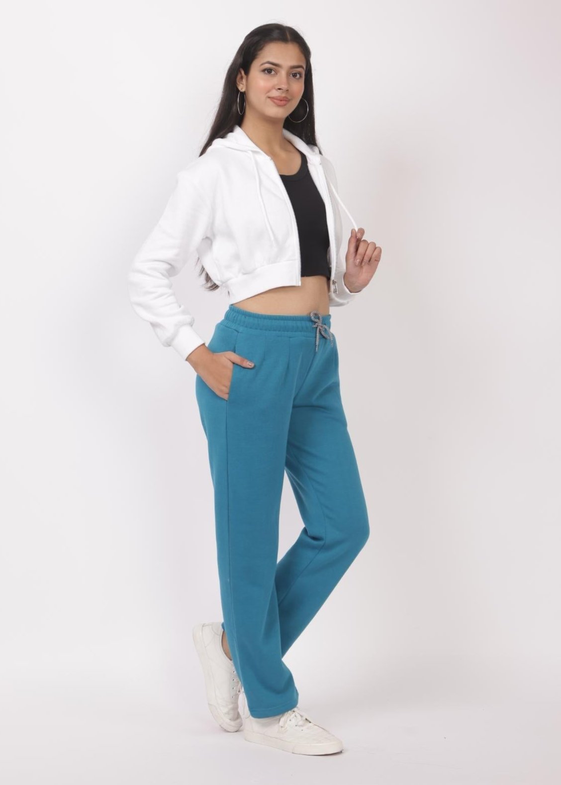 Teal stretchable biowash USA HQ winter cotton fleece cigarette pencil pants with superior elastic belt. [Straight fit] - Winter straight pant