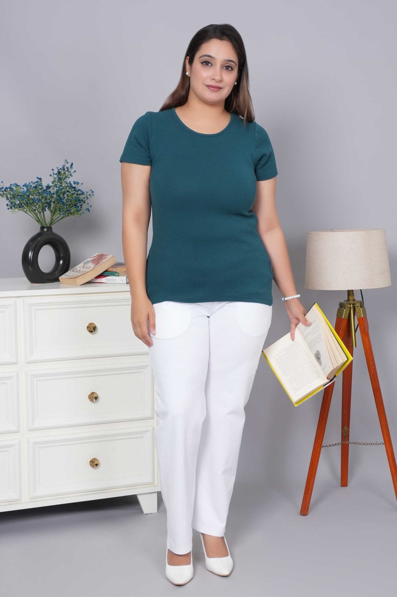 Teal Stretchable Rib T Shirt [ 100% USA HQ Cotton, 280 GSM non transparent fabric ] - Rib t shirt