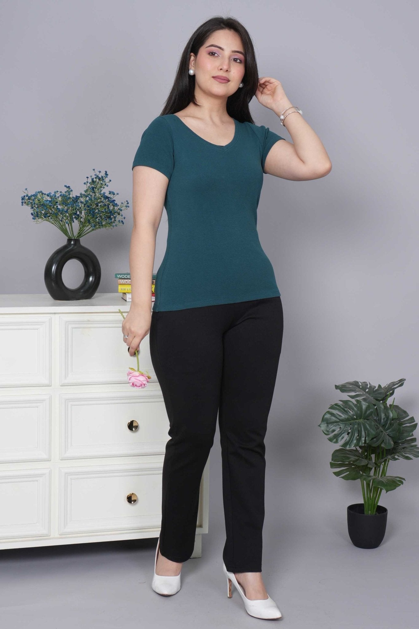 Teal Stretchable V Neck Rib T Shirt [ 100% USA HQ Cotton, 280 GSM non transparent fabric ] - Rib v neck t shirt