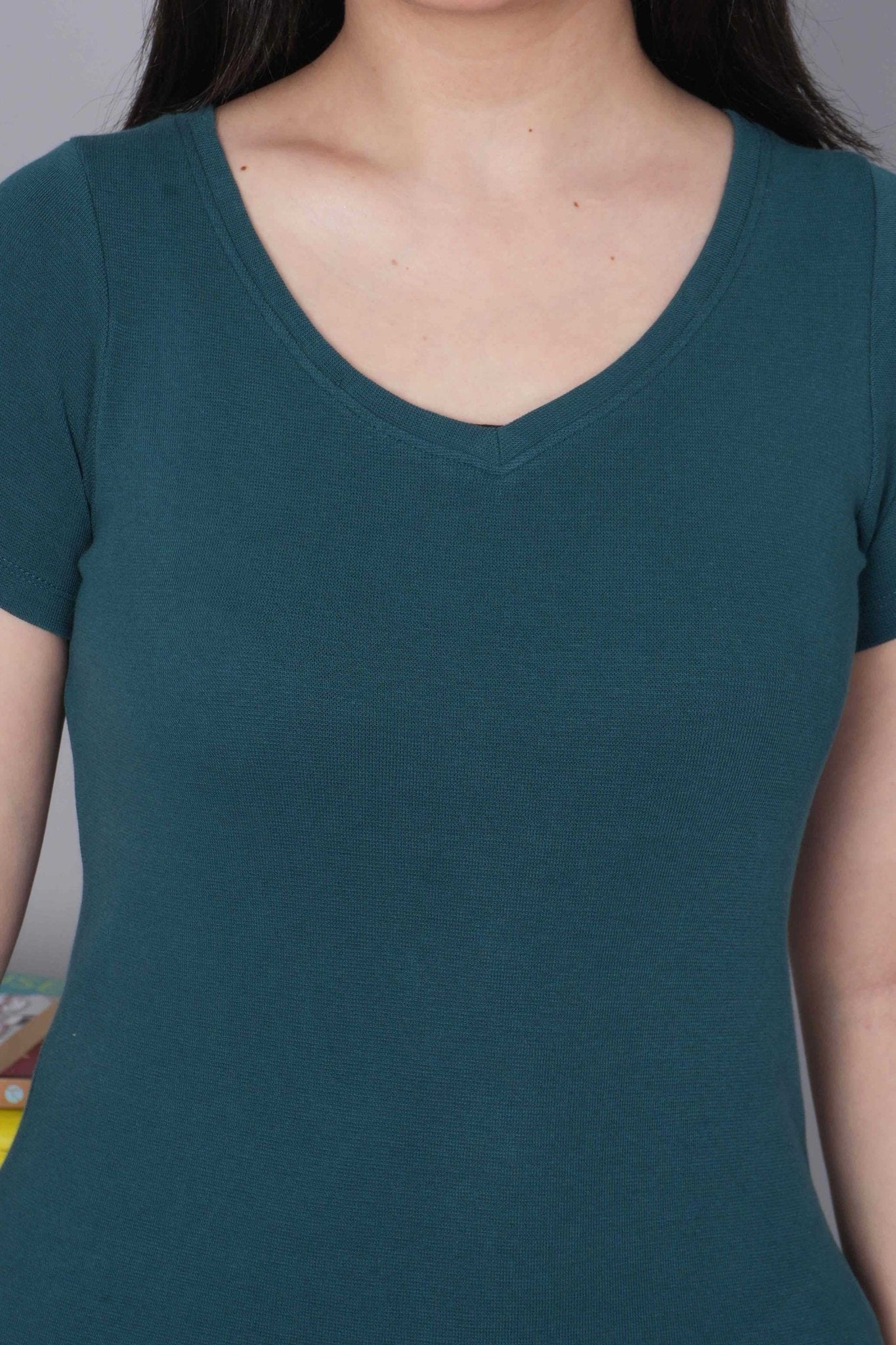 Teal Stretchable V Neck Rib T Shirt [ 100% USA HQ Cotton, 280 GSM non transparent fabric ] - Rib v neck t shirt