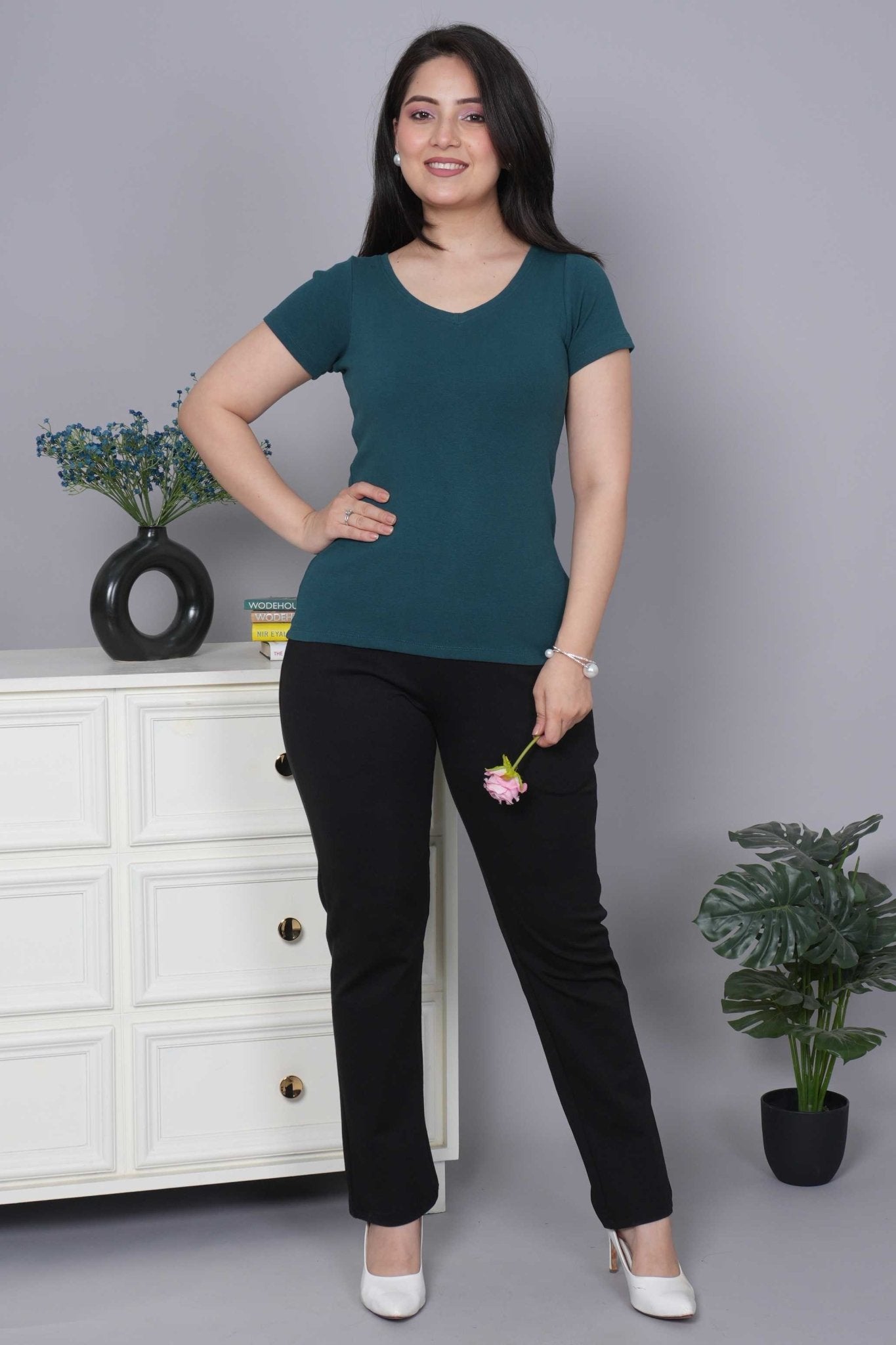 Teal Stretchable V Neck Rib T Shirt [ 100% USA HQ Cotton, 280 GSM non transparent fabric ] - Rib v neck t shirt