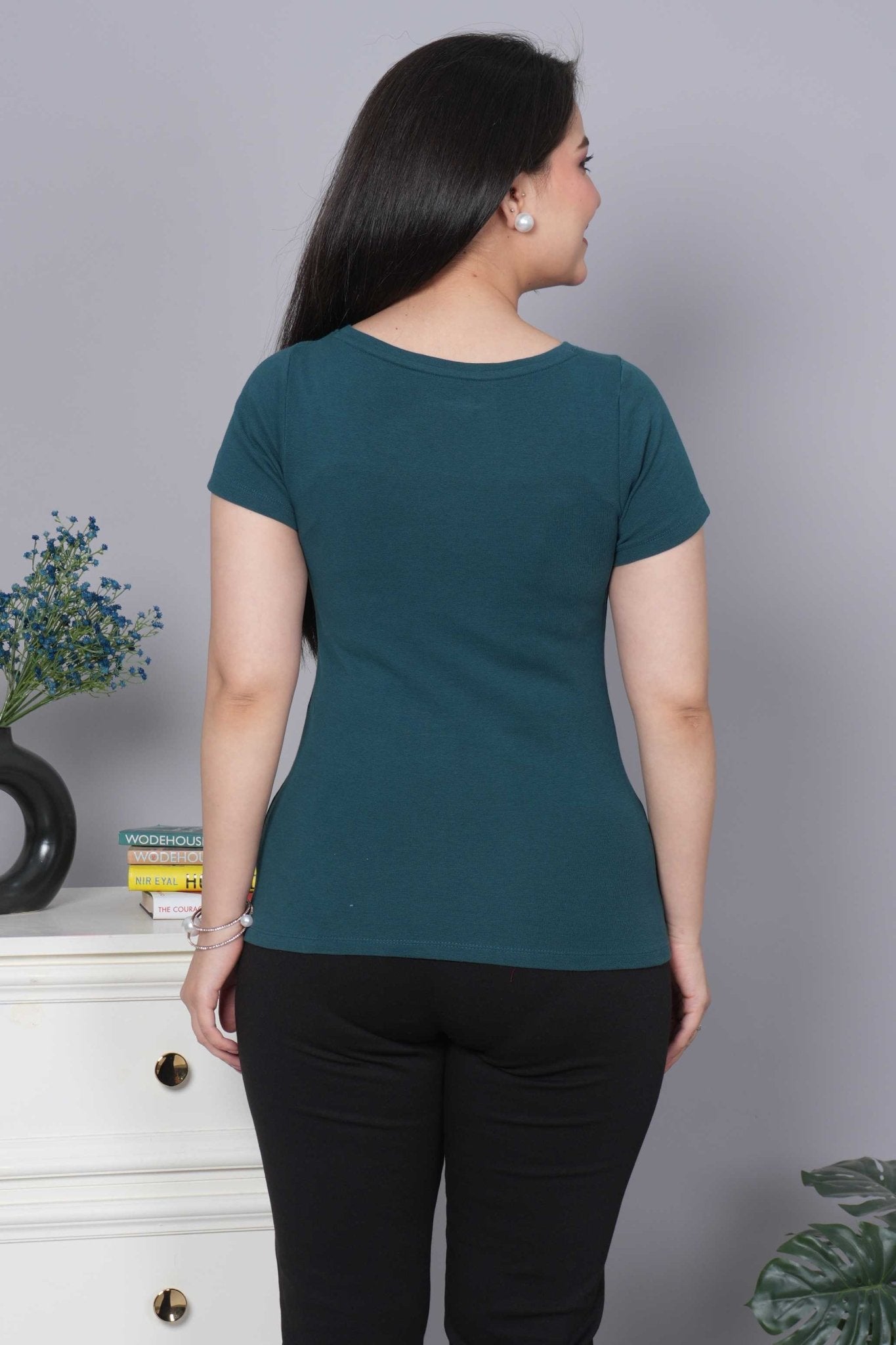 Teal Stretchable V Neck Rib T Shirt [ 100% USA HQ Cotton, 280 GSM non transparent fabric ] - Rib v neck t shirt
