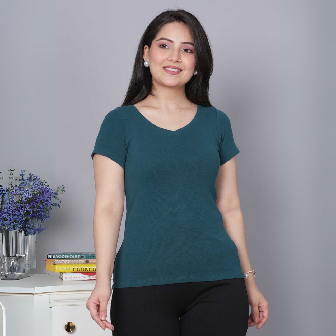 Teal Stretchable V Neck Rib T Shirt [ 100% USA HQ Cotton, 280 GSM non transparent fabric ] - Rib v neck t shirt