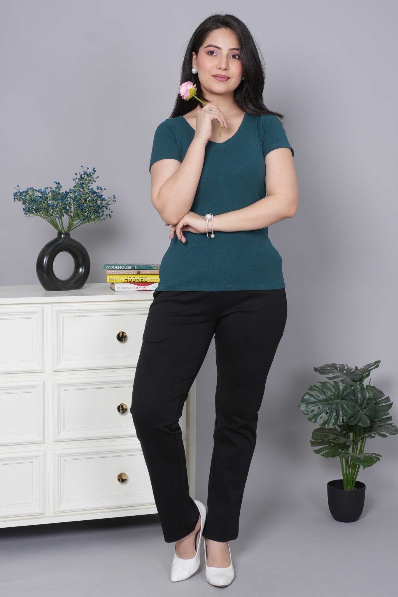 Teal Stretchable V Neck Rib T Shirt [ 100% USA HQ Cotton, 280 GSM non transparent fabric ] - Rib v neck t shirt