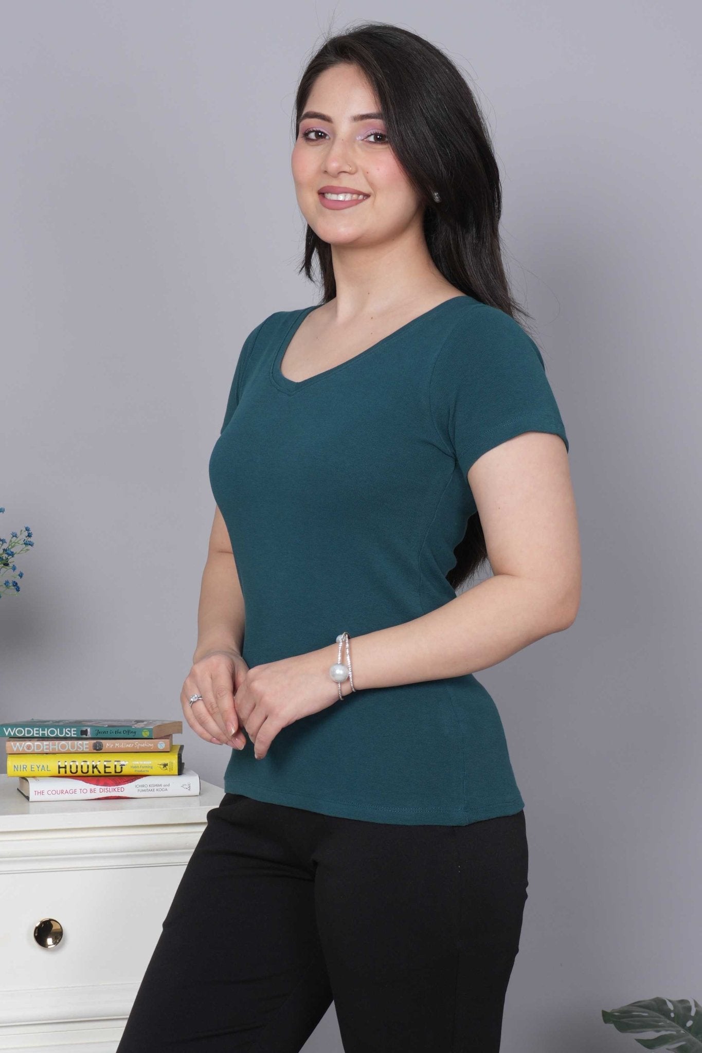 Teal Stretchable V Neck Rib T Shirt [ 100% USA HQ Cotton, 280 GSM non transparent fabric ] - Rib v neck t shirt