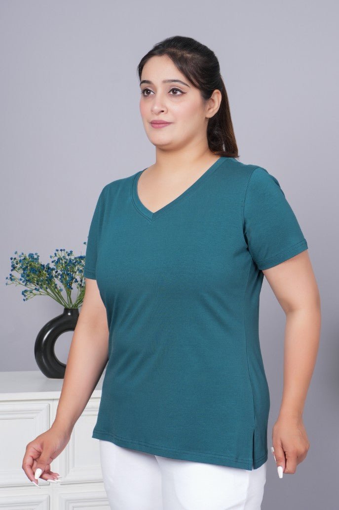 Teal v neck cotton t-shirt with pockets - Long cotton v neck t-shirt