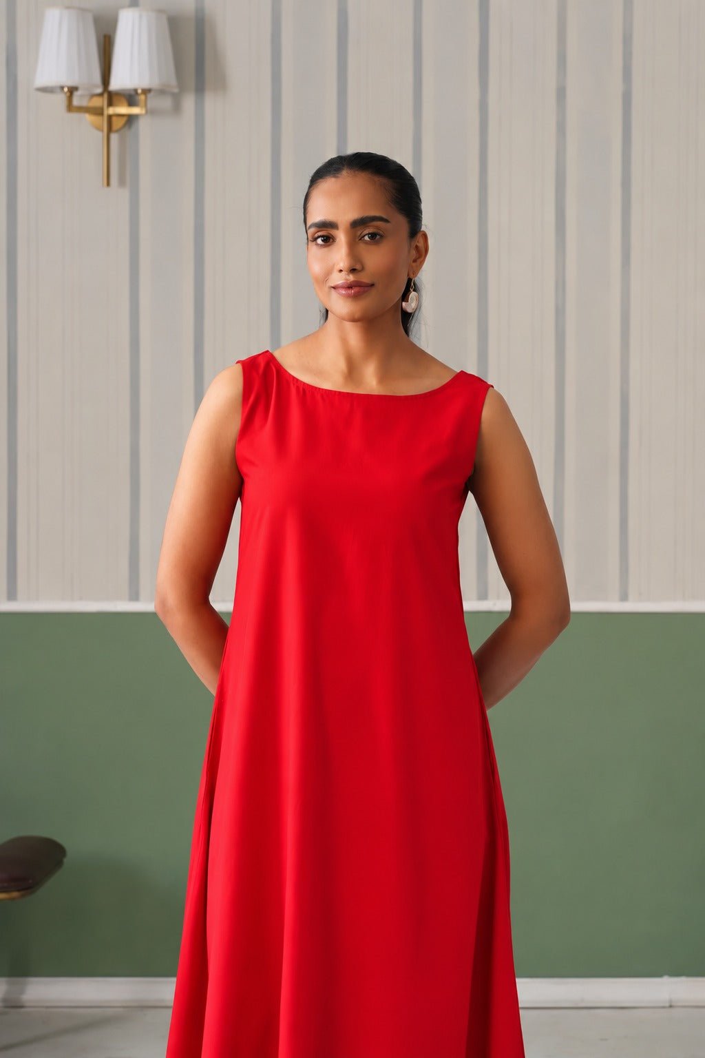 Tomato red rayon flare dress with pocket [ Premium 100% Rayon, Liva Certified ] -Rayon flare dress with pocket