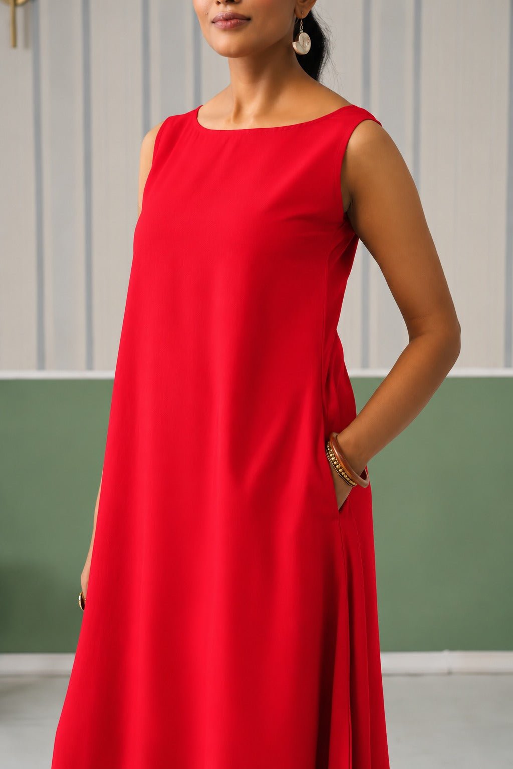 Tomato red rayon flare dress with pocket [ Premium 100% Rayon, Liva Certified ] -Rayon flare dress with pocket