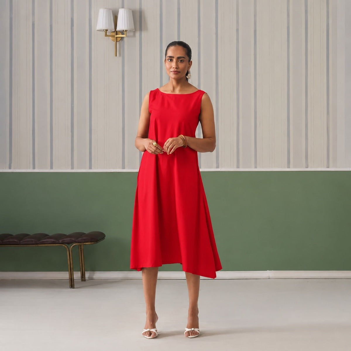 Tomato red rayon flare dress with pocket [ Premium 100% Rayon, Liva Certified ] -Rayon flare dress with pocket