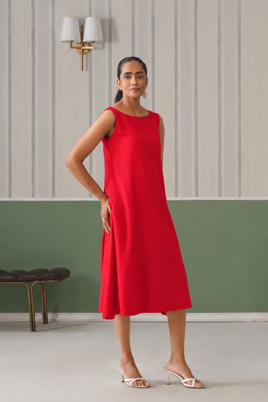 Tomato red rayon flare dress with pocket [ Premium 100% Rayon, Liva Certified ] -Rayon flare dress with pocket