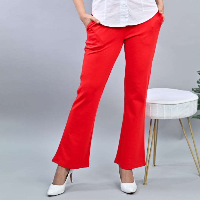 Tomato red stretchable biowash cotton bootcut flare pants with superior elastic belt. - Milano bootcut flare pants