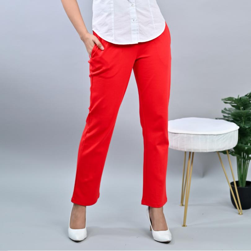 Tomato red stretchable biowash USA HQ cotton cigarette pencil pants with superior elastic belt. [Straight fit] - Milano cigarette pencil pants