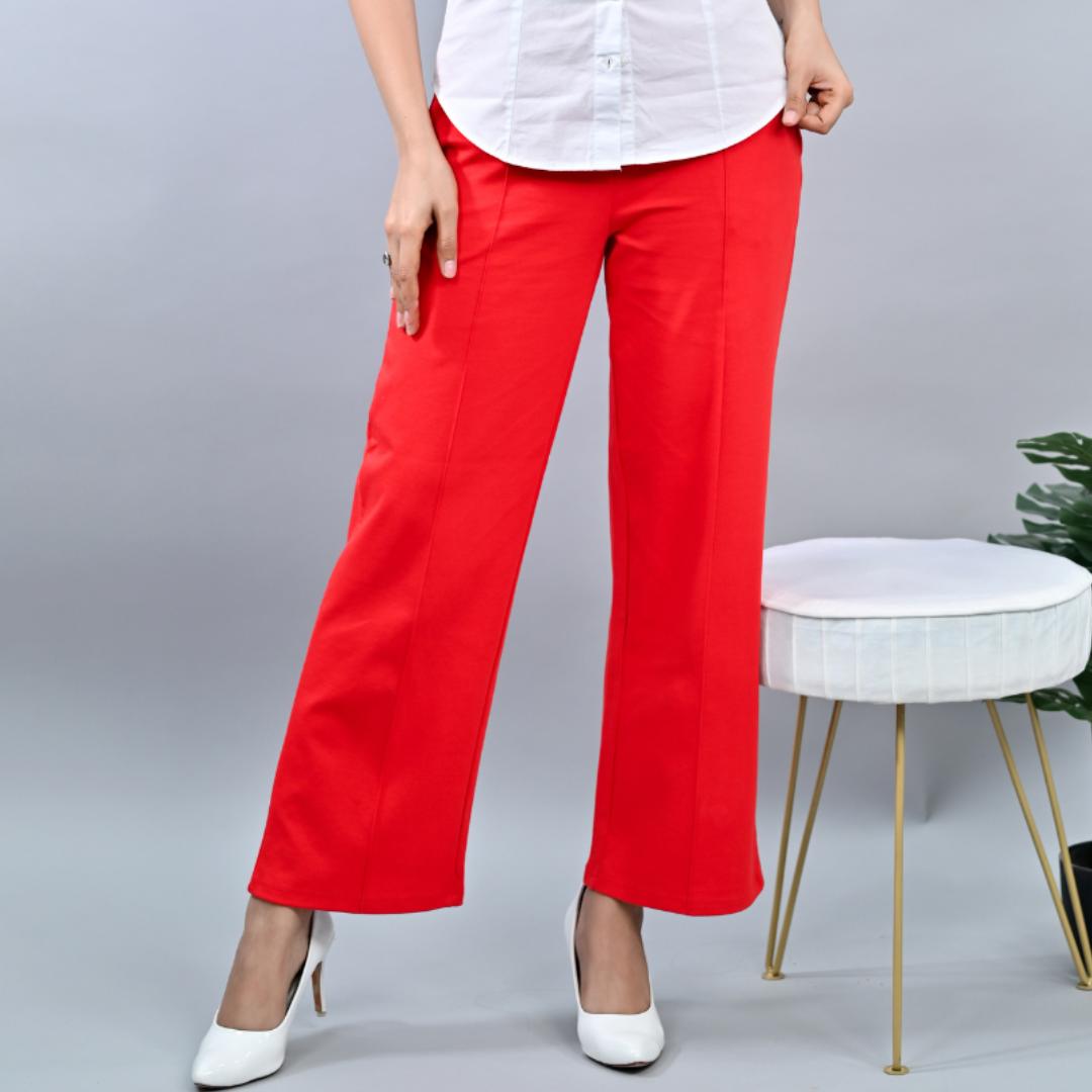 Tomato red stretchable biowash USA HQ cotton extra flare fit pant with superior elastic belt. - Milano extra flare fit pants