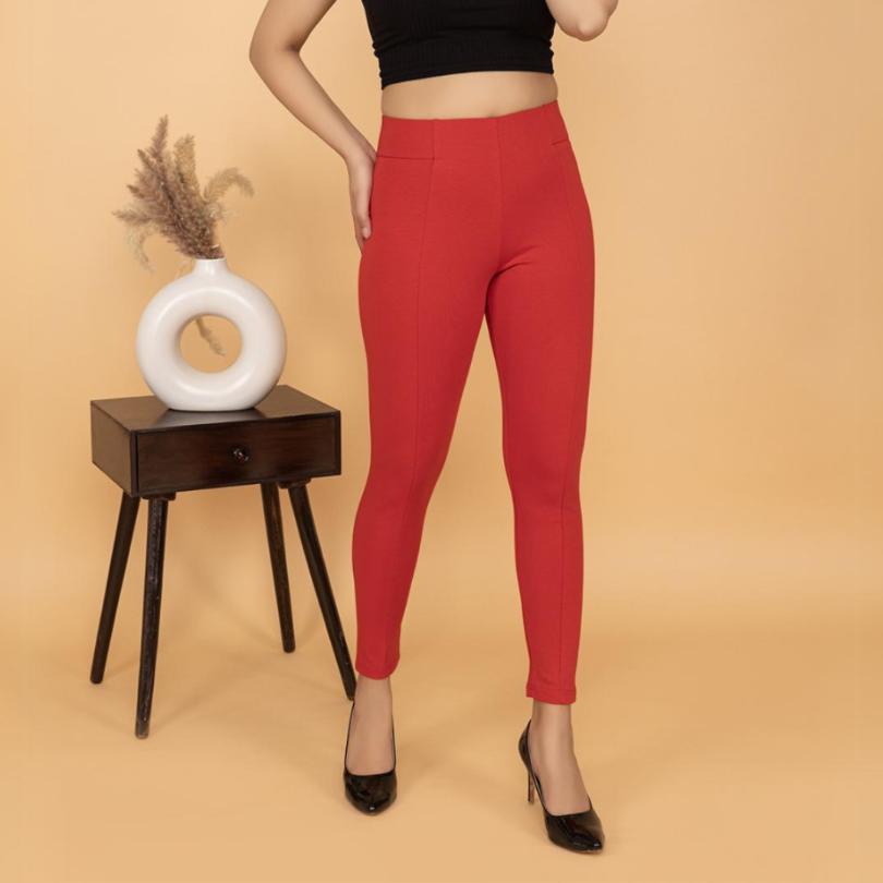 Tomato red stretchable biowash USA HQ cotton jegging pant with superior elastic belt. - Milano jegging pants