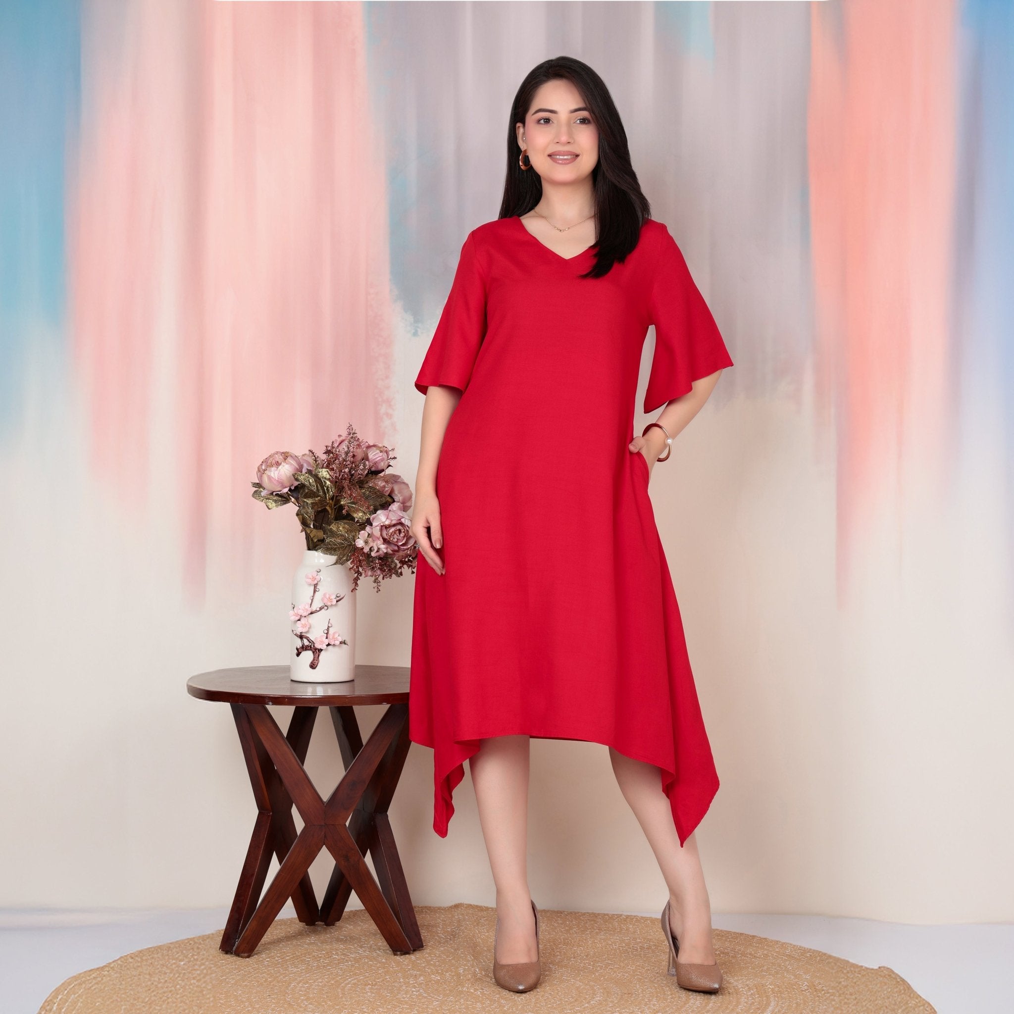 Tomato red v-neck line dress with sleeves [ Premium 100% Rayon, Liva Certified ] -Rayon flare dress with pocket