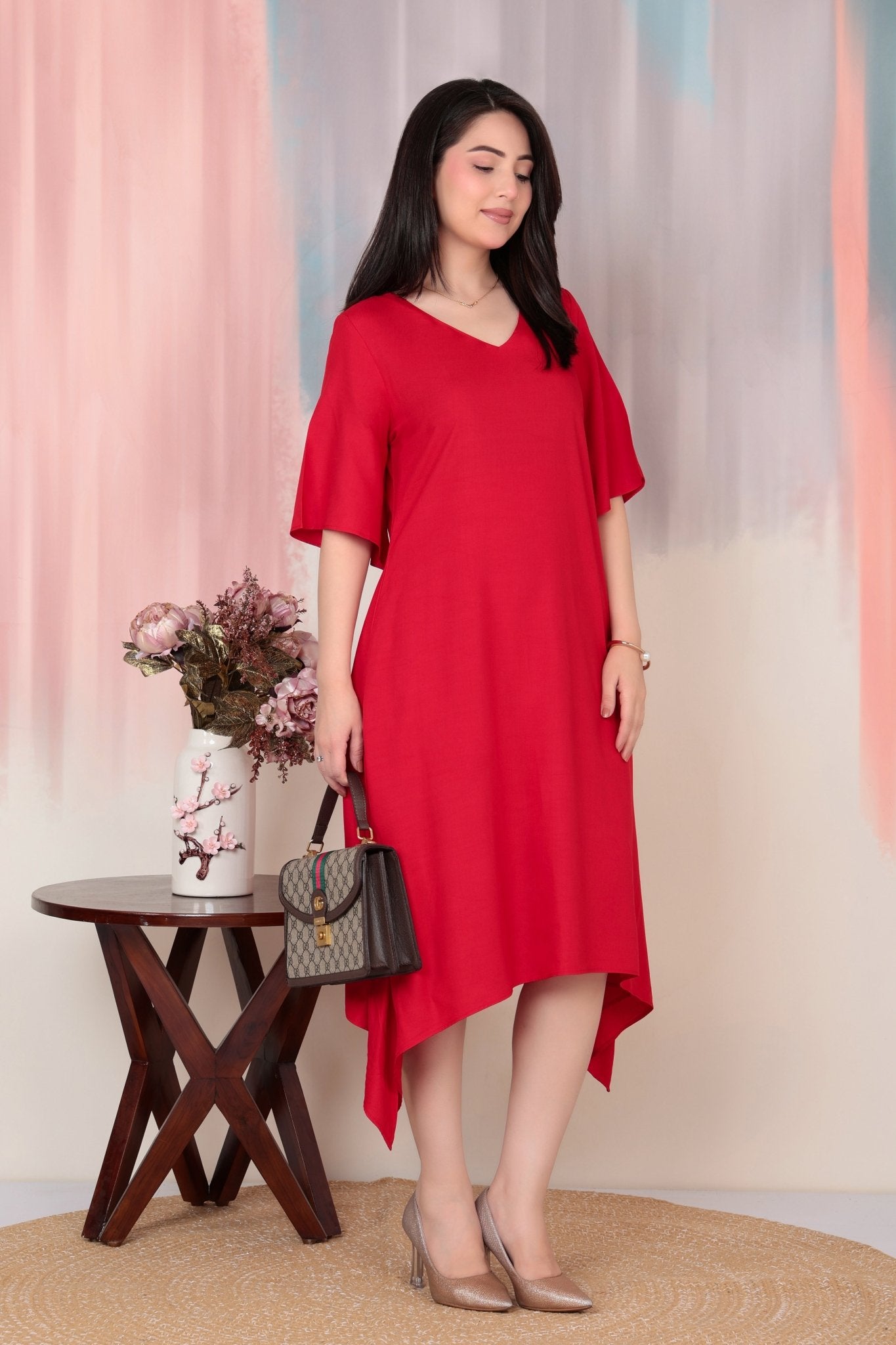 Tomato red v-neck line dress with sleeves [ Premium 100% Rayon, Liva Certified ] -Rayon flare dress with pocket