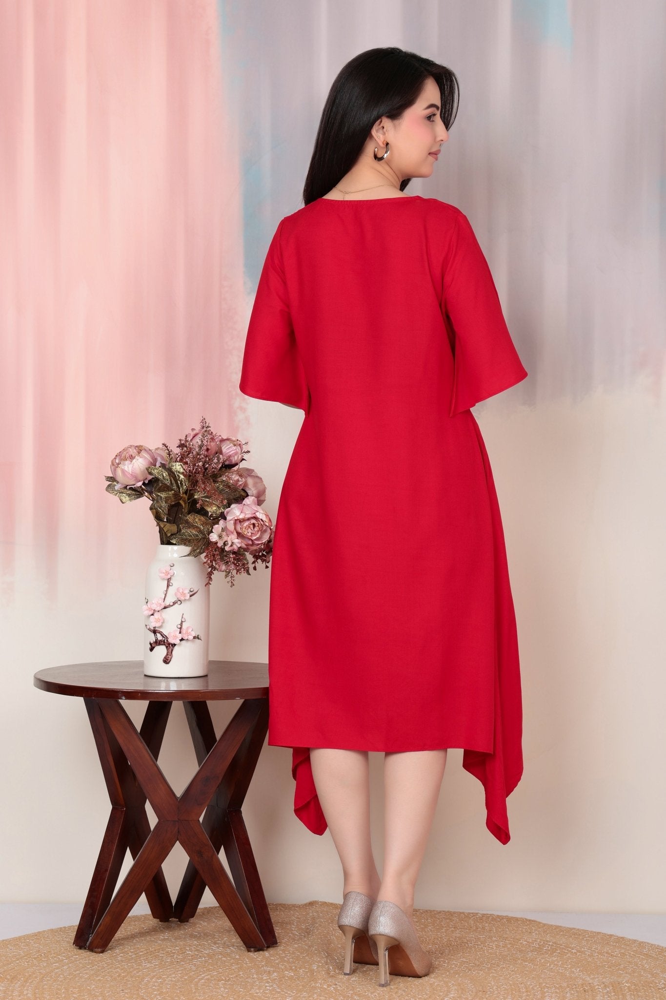Tomato red v-neck line dress with sleeves [ Premium 100% Rayon, Liva Certified ] -Rayon flare dress with pocket