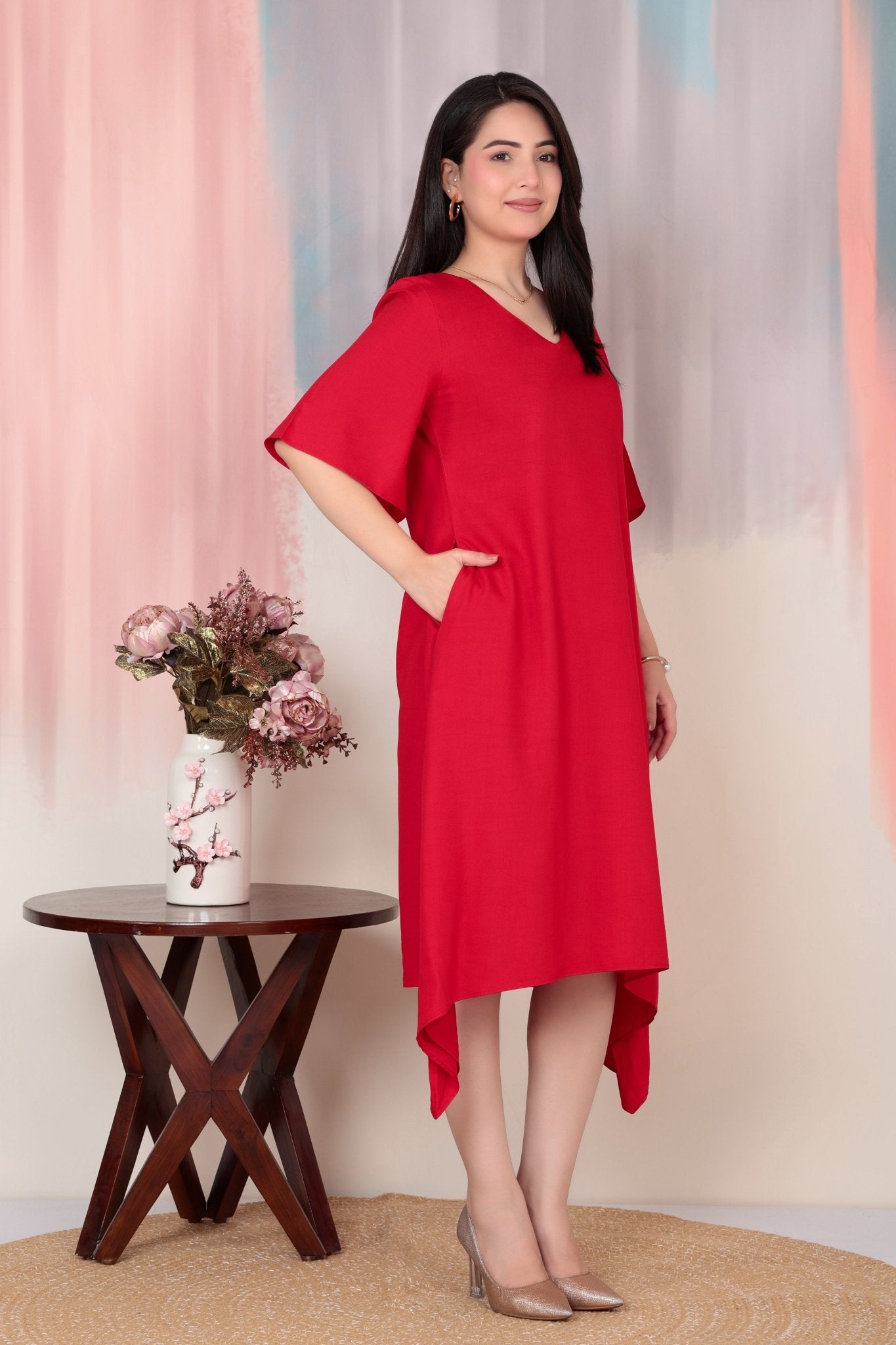 Tomato red v-neck line dress with sleeves [ Premium 100% Rayon, Liva Certified ] -Rayon flare dress with pocket
