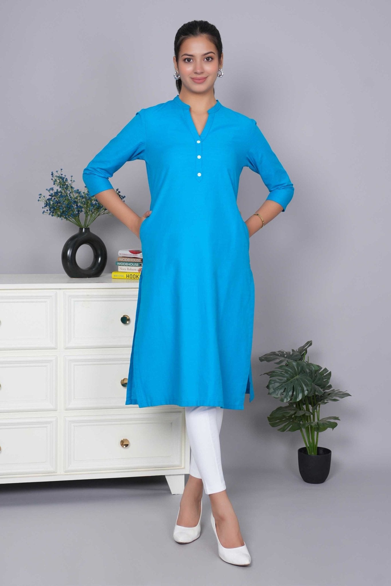 Turquoise blue 100% Premium Cotton Long Kurta - Long kurta
