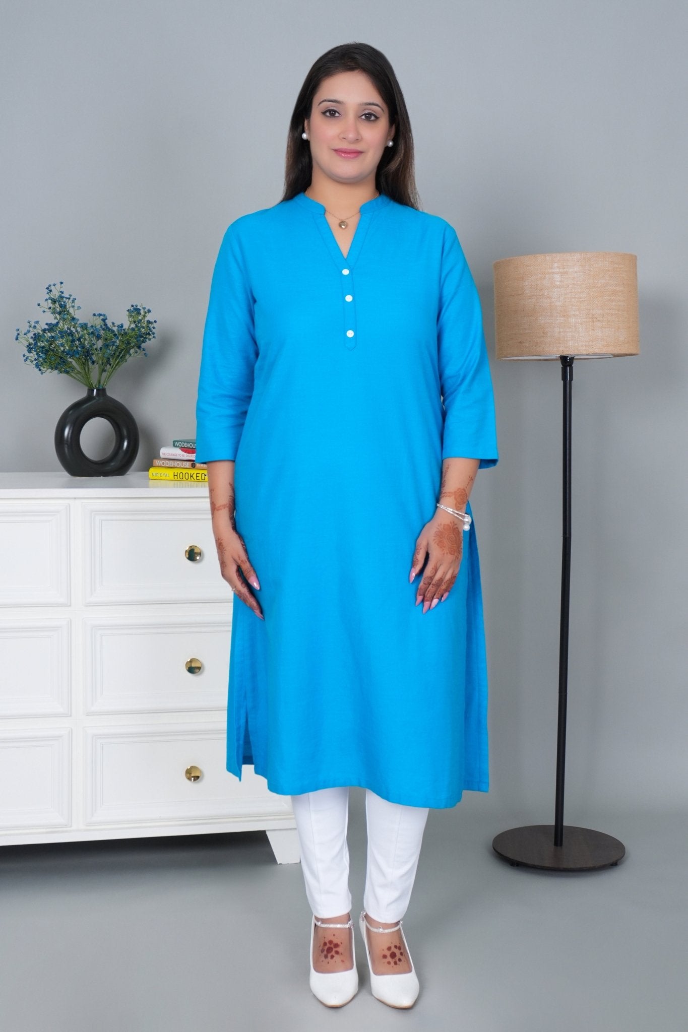 Turquoise blue 100% Premium Cotton Long Kurta - Long kurta