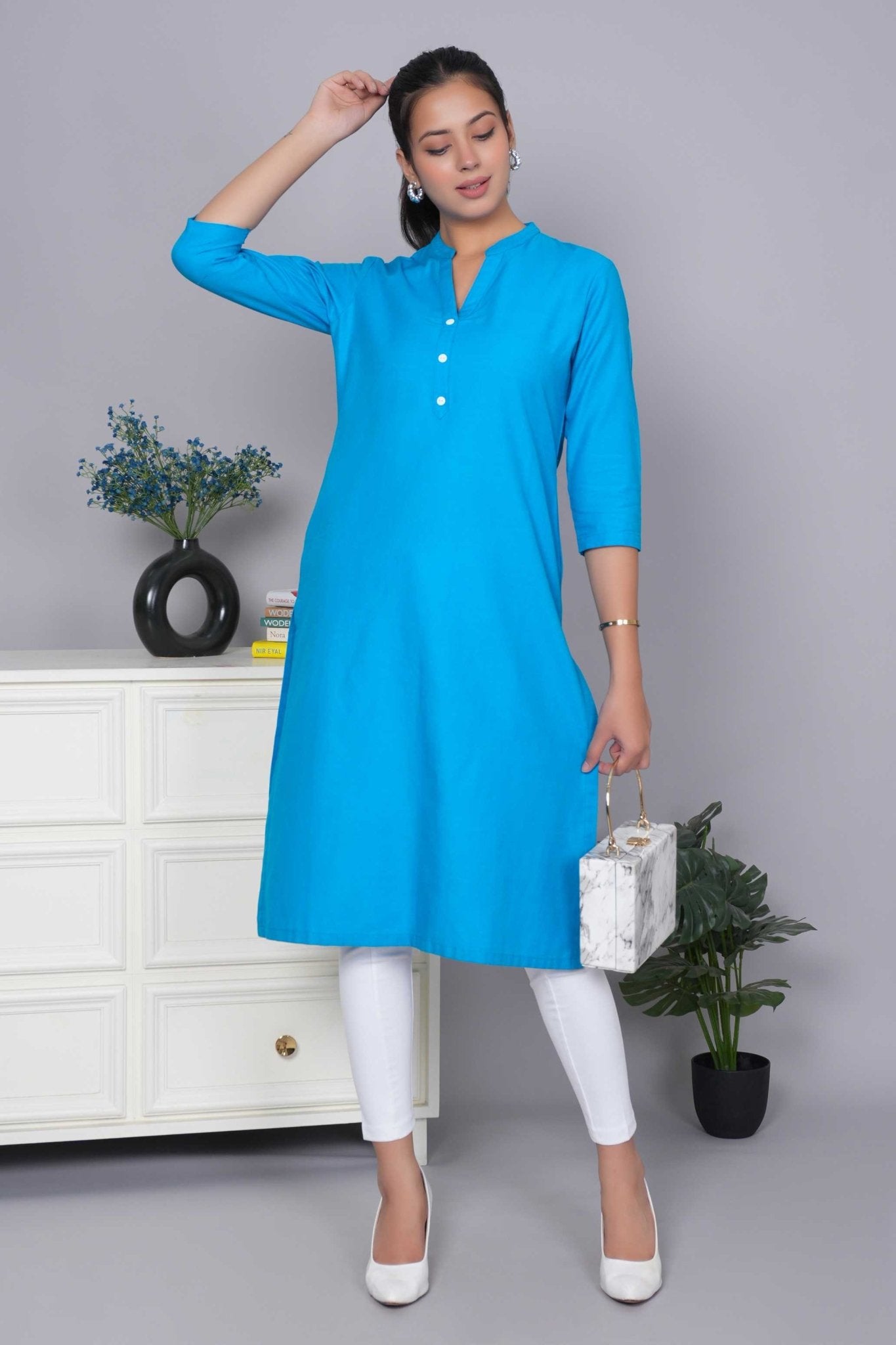 Turquoise blue 100% Premium Cotton Long Kurta - Long kurta