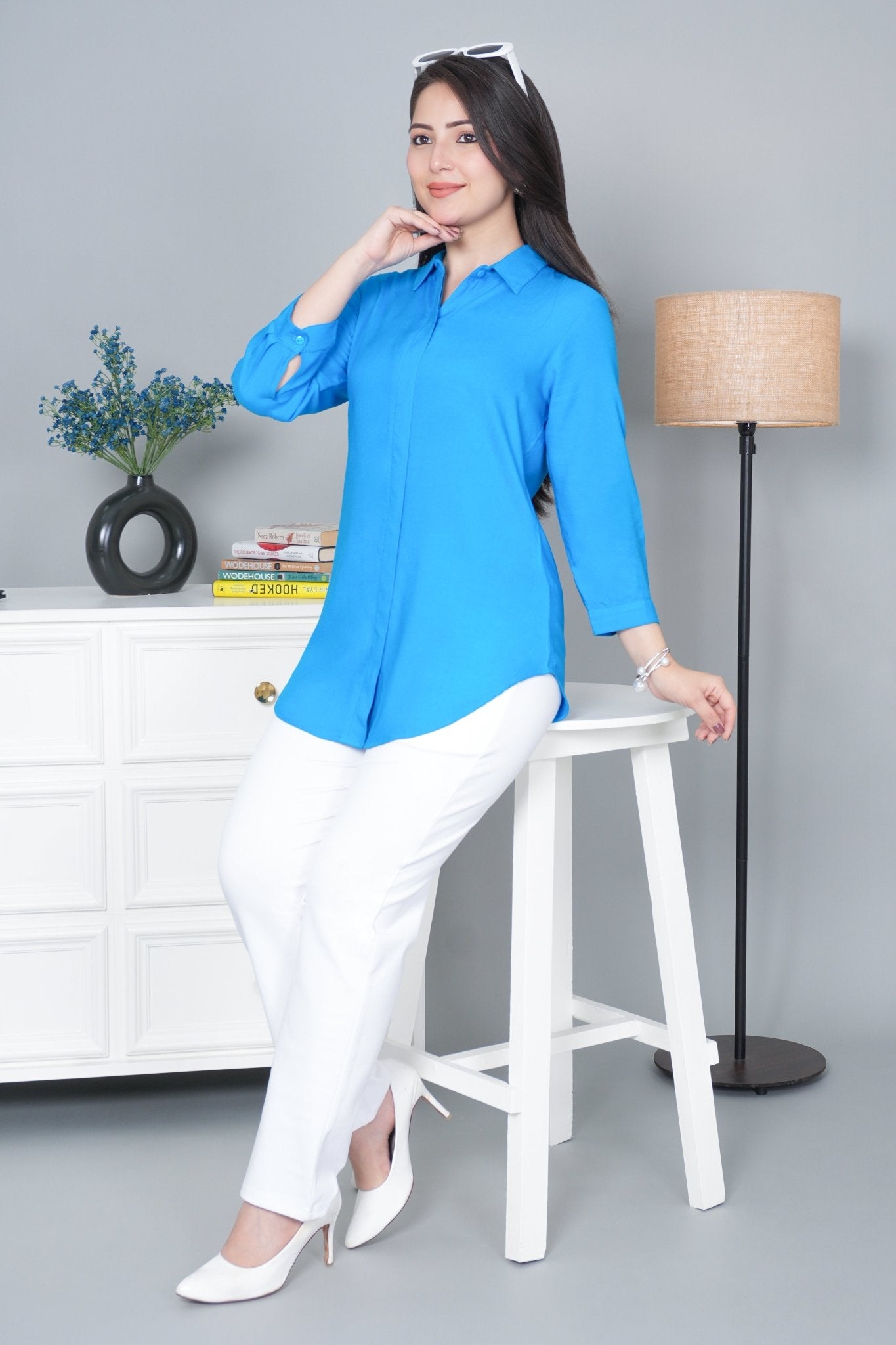 Turquoise blue long hemline shirt [ 100% Rayon, Liva Certified ] - Long hemline shirt