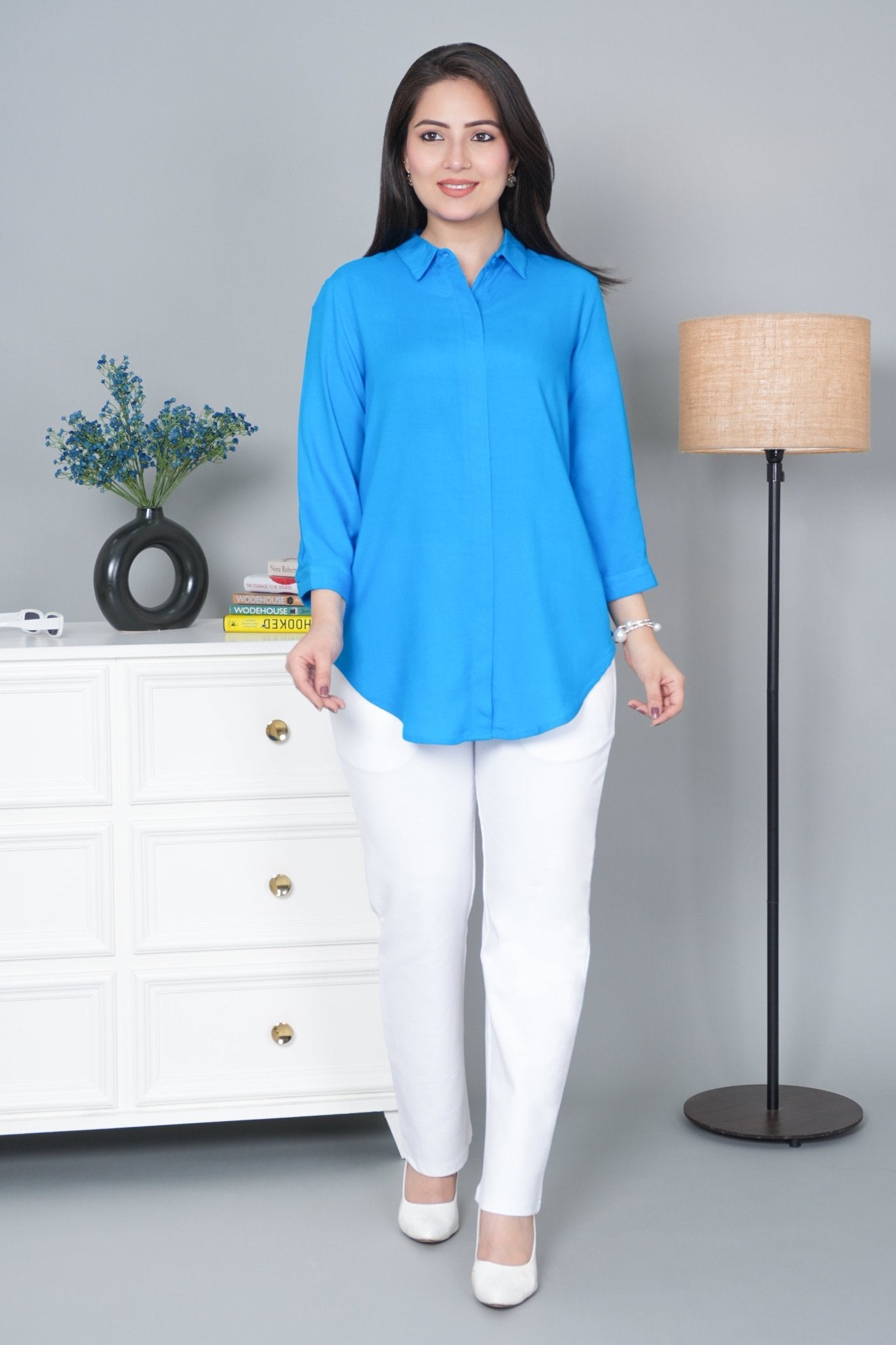 Turquoise blue long hemline shirt [ 100% Rayon, Liva Certified ] - Long hemline shirt