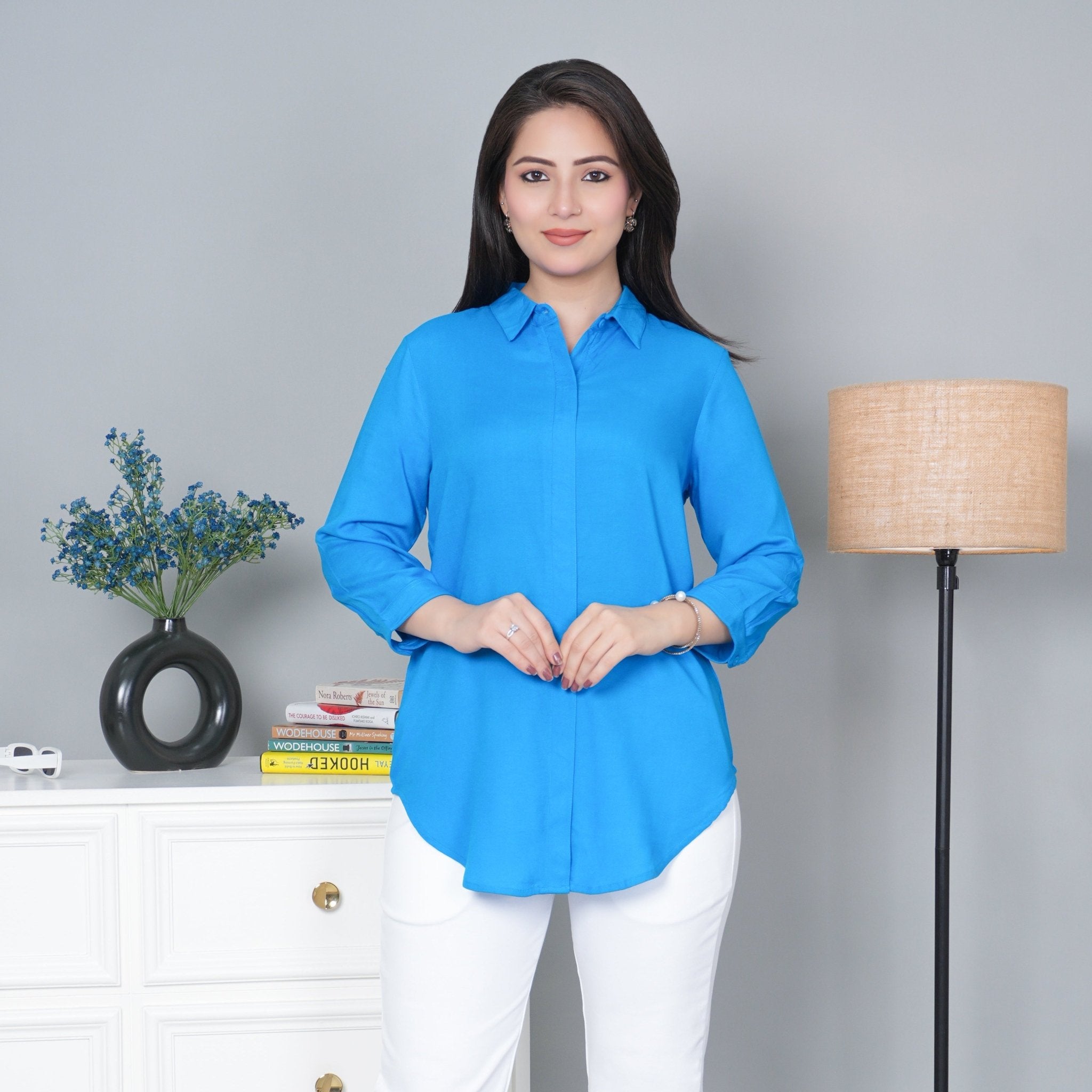 Turquoise blue long hemline shirt [ 100% Rayon, Liva Certified ] - Long hemline shirt