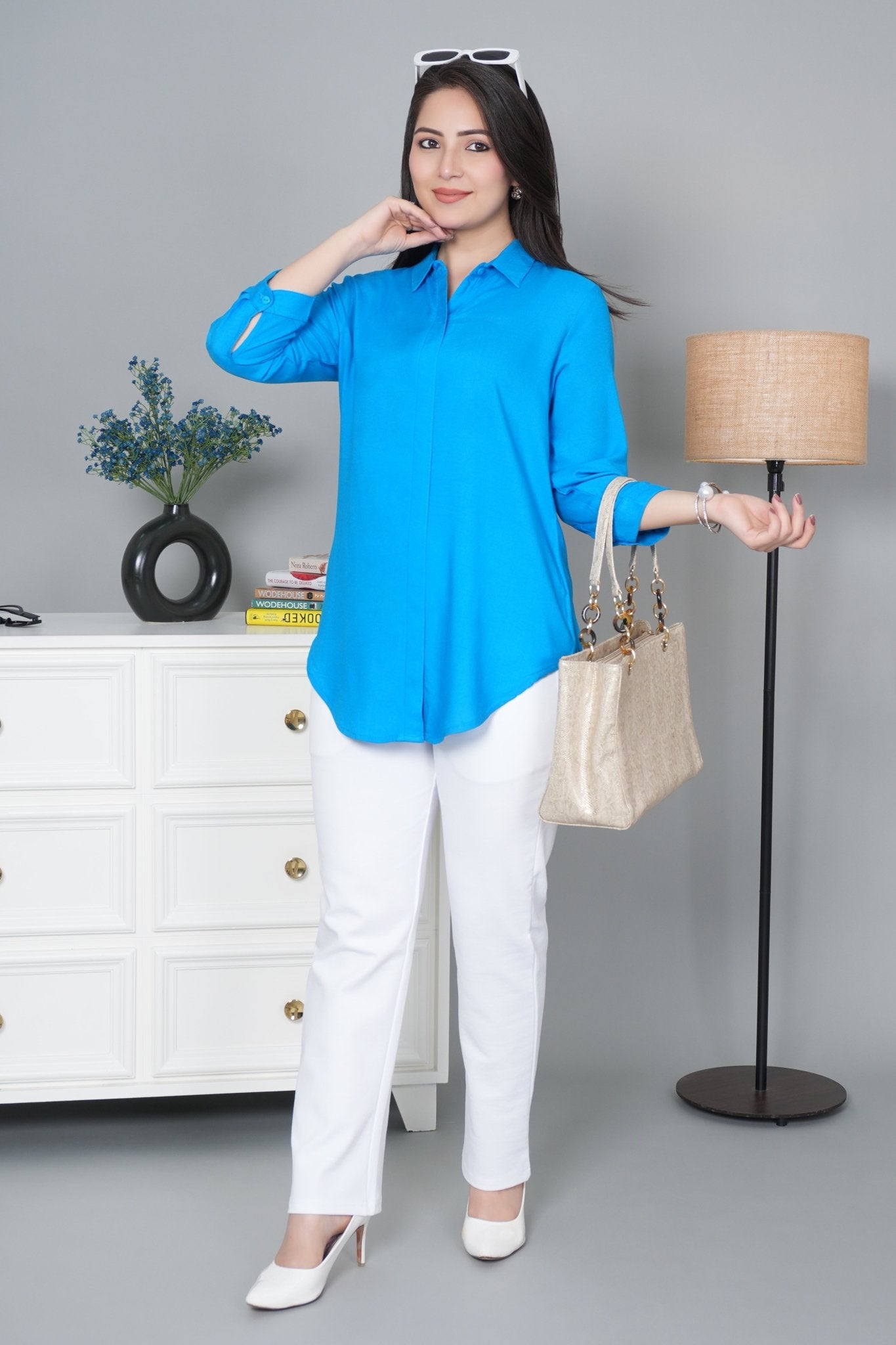 Turquoise blue long hemline shirt [ 100% Rayon, Liva Certified ] - Long hemline shirt