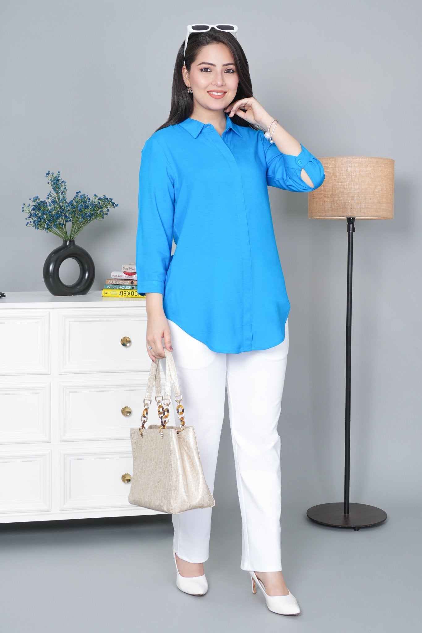 Turquoise blue long hemline shirt [ 100% Rayon, Liva Certified ] - Long hemline shirt