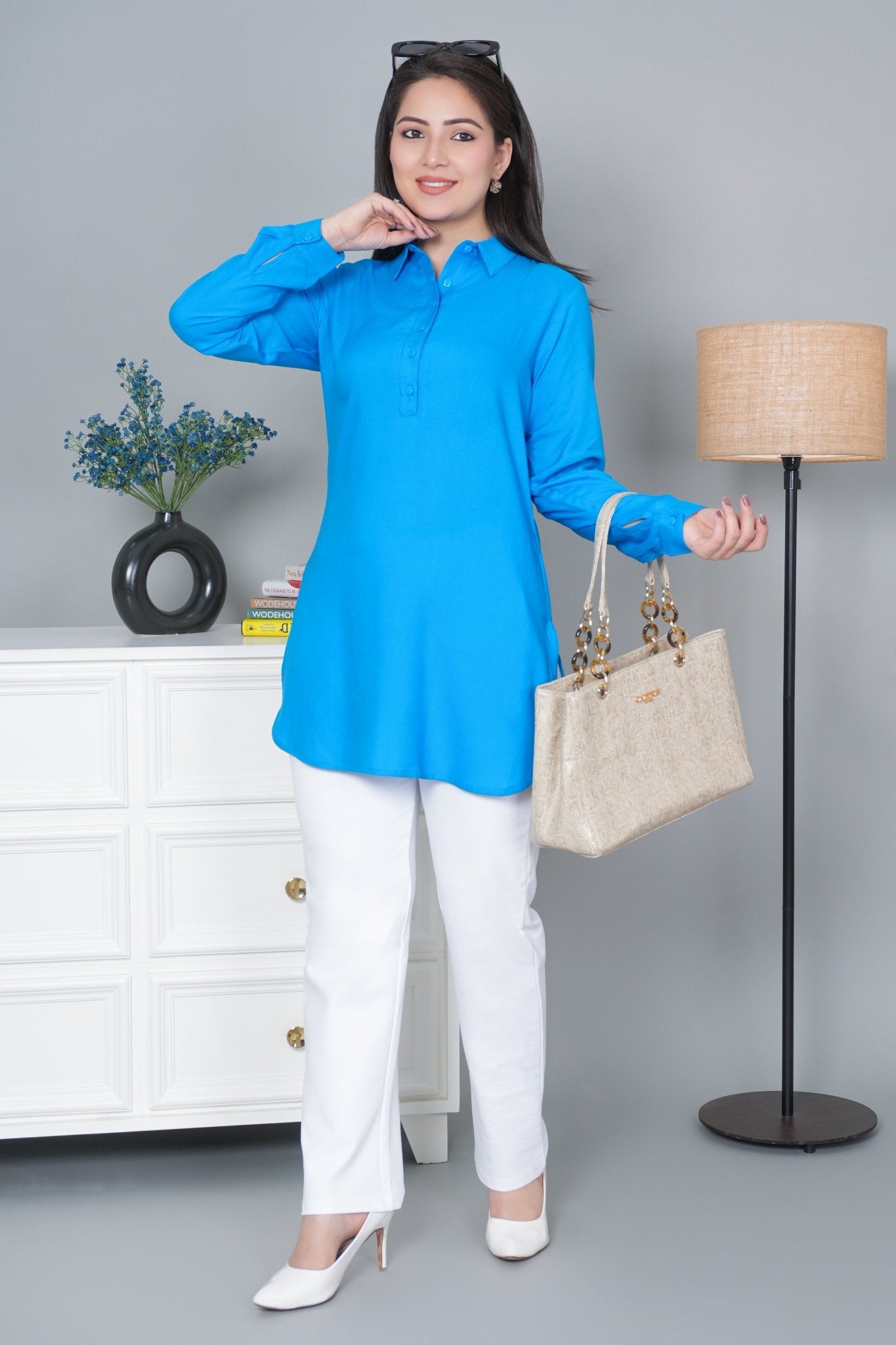 Turquoise blue Longline shirt [ 100% Rayon, Liva Certified ] - Long line shirt