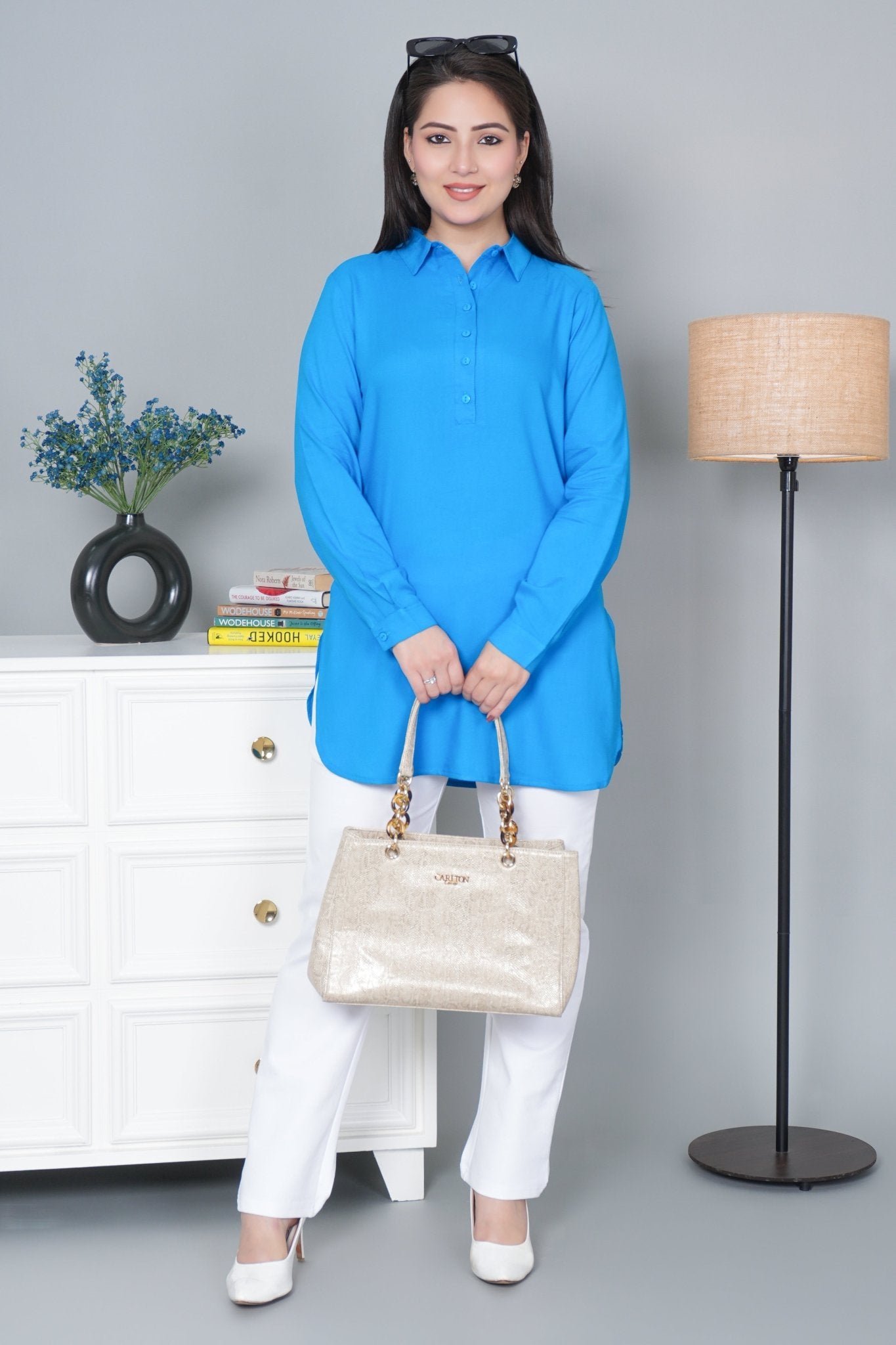 Turquoise blue Longline shirt [ 100% Rayon, Liva Certified ] - Long line shirt