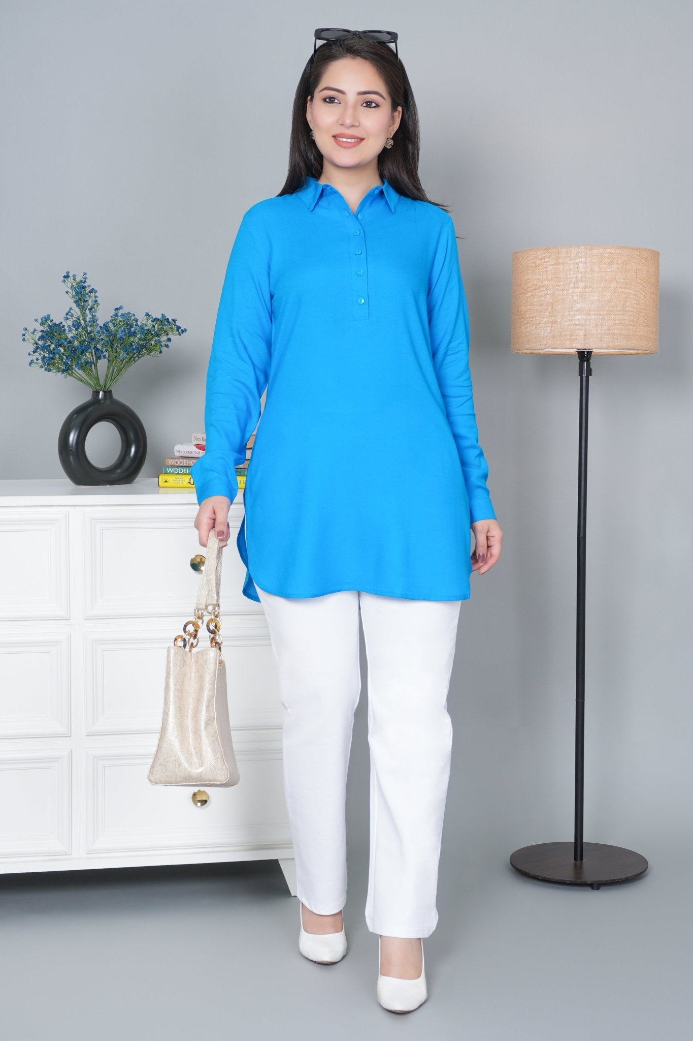 Turquoise blue Longline shirt [ 100% Rayon, Liva Certified ] - Long line shirt