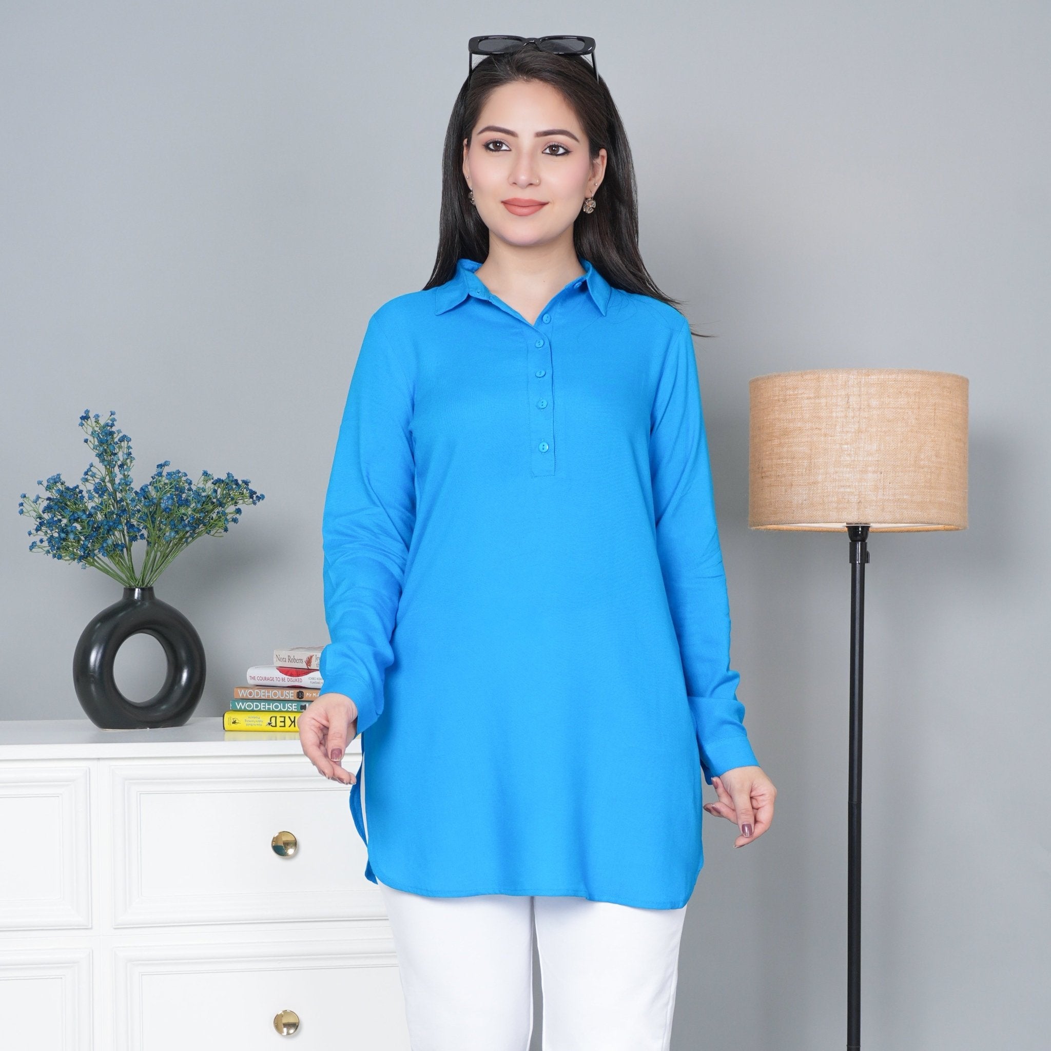 Turquoise blue Longline shirt [ 100% Rayon, Liva Certified ] - Long line shirt