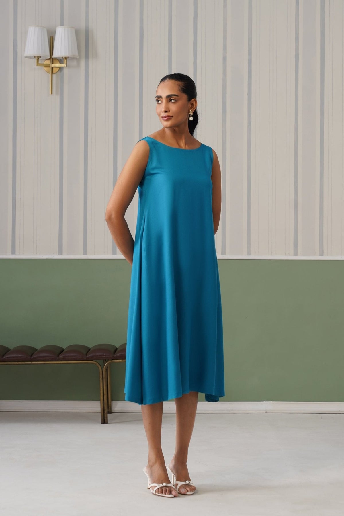 Turquoise blue rayon flare dress with pocket [ Premium 100% Rayon, Liva Certified ] -Rayon flare dress with pocket
