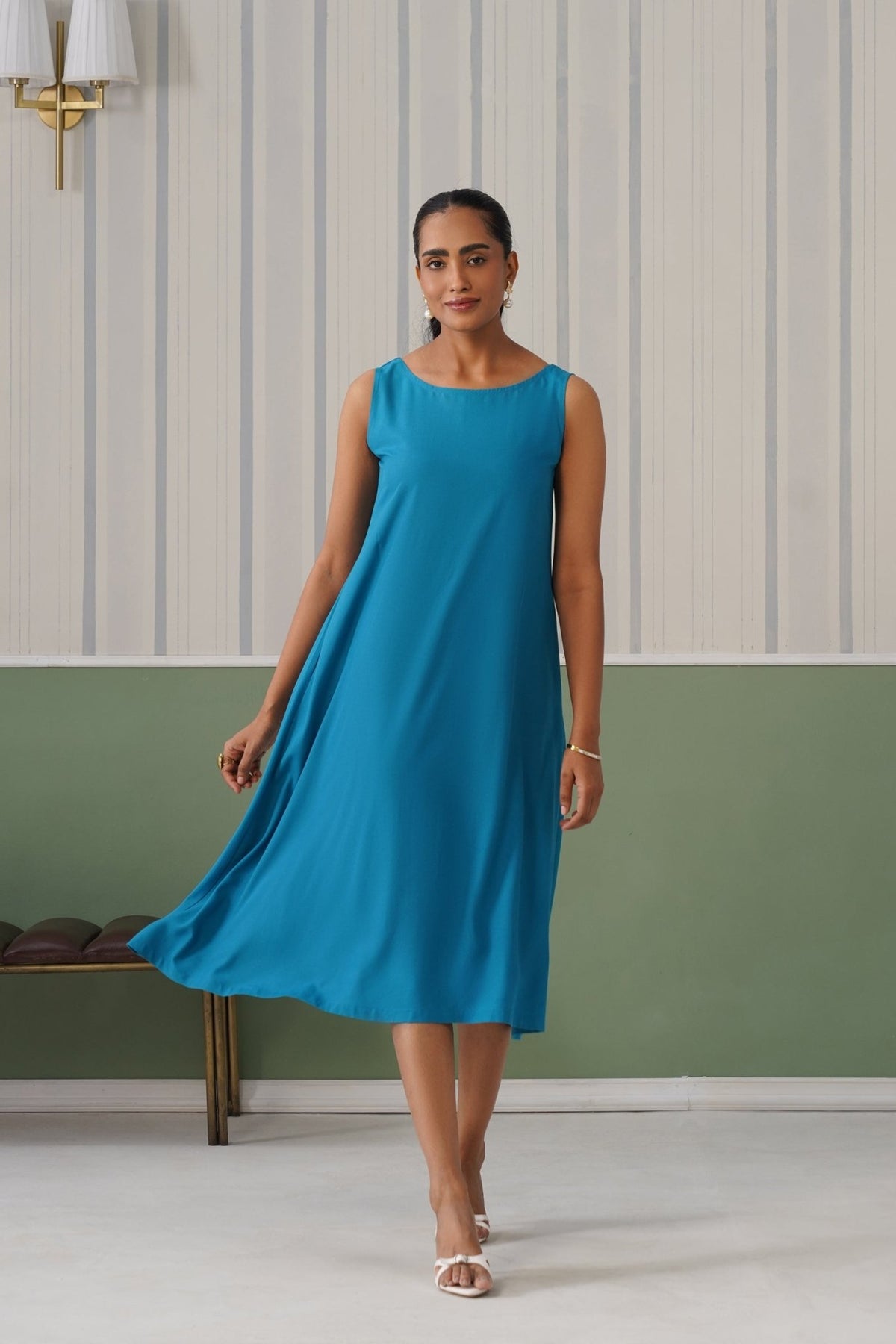 Turquoise blue rayon flare dress with pocket [ Premium 100% Rayon, Liva Certified ] -Rayon flare dress with pocket