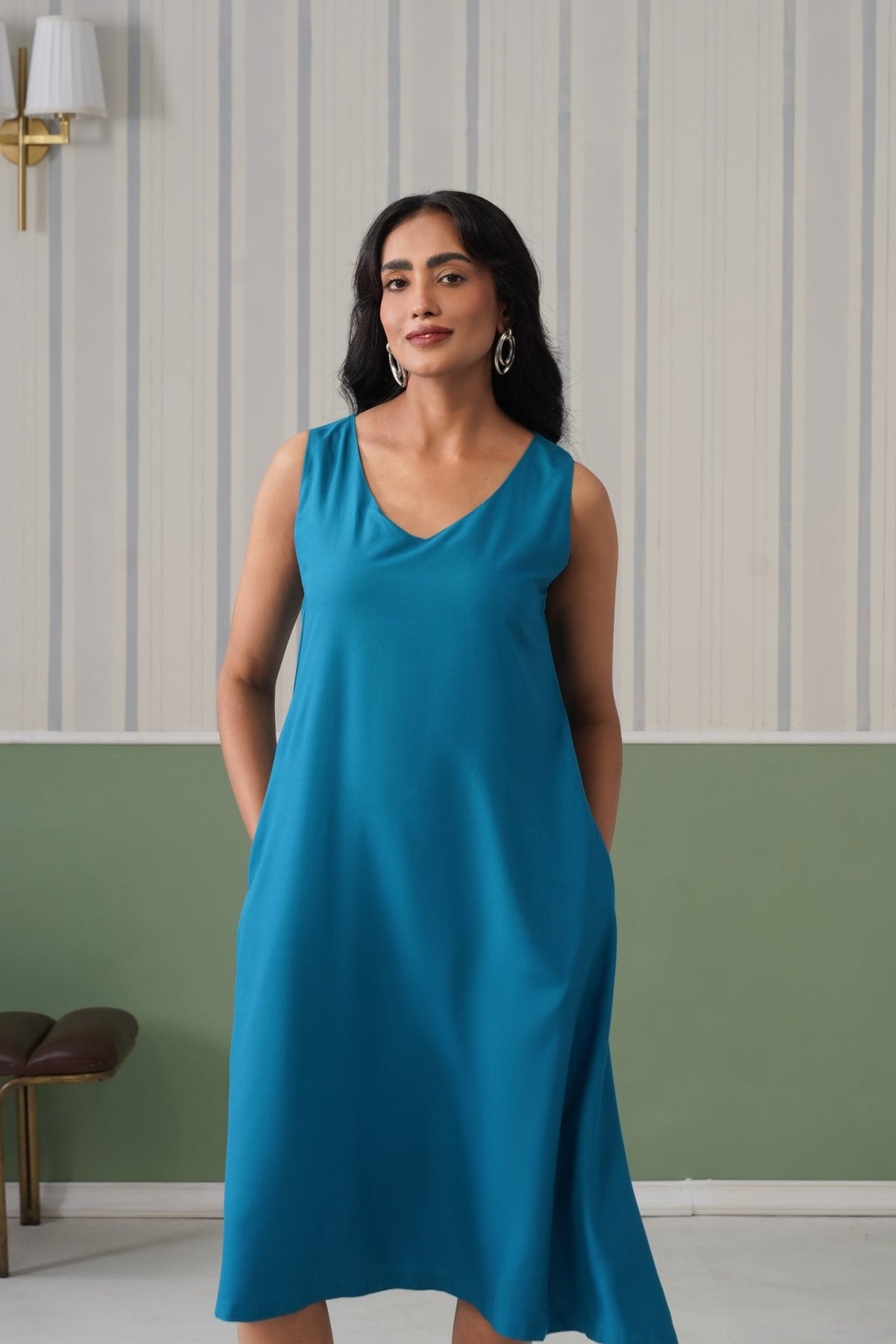 Turquoise blue rayon line dress with pocket [ Premium 100% Rayon, Liva Certified ] -Rayon line dress with pocket