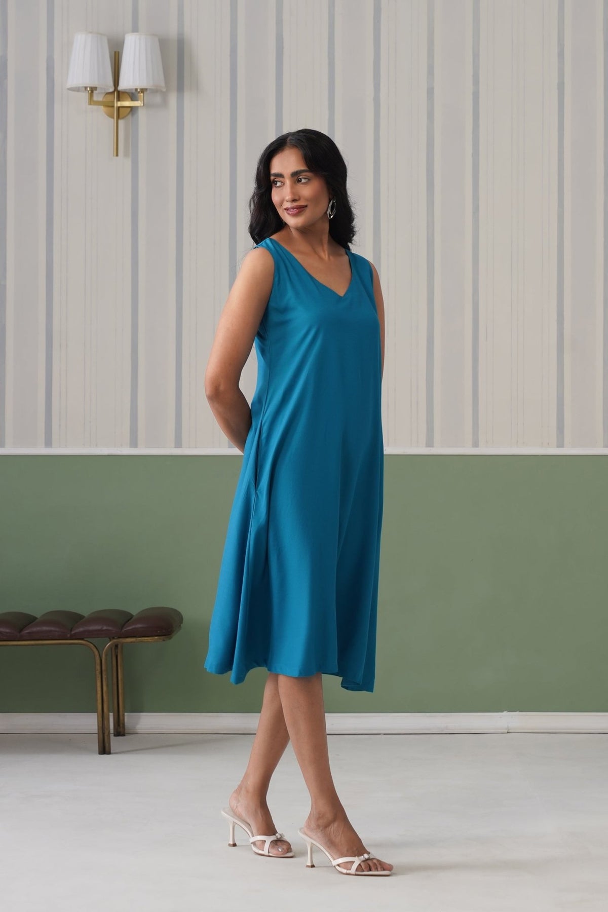 Turquoise blue rayon line dress with pocket [ Premium 100% Rayon, Liva Certified ] -Rayon line dress with pocket