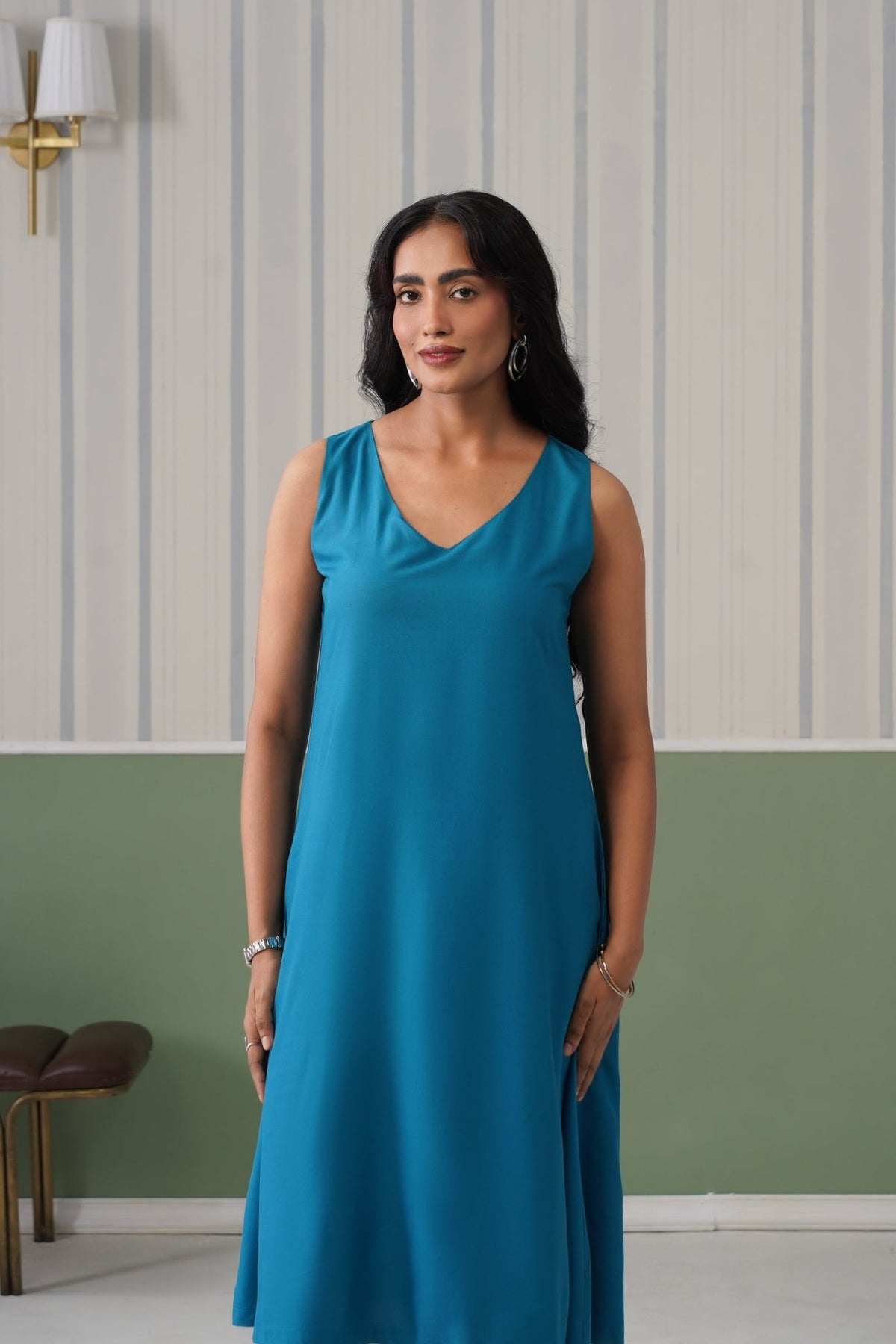 Turquoise blue rayon line dress with pocket [ Premium 100% Rayon, Liva Certified ] -Rayon line dress with pocket