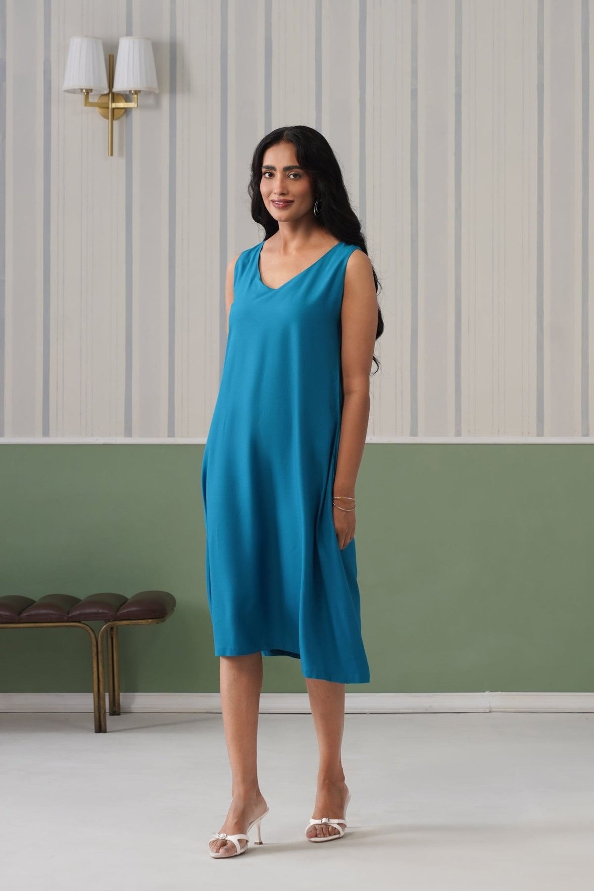 Turquoise blue rayon line dress with pocket [ Premium 100% Rayon, Liva Certified ] -Rayon line dress with pocket