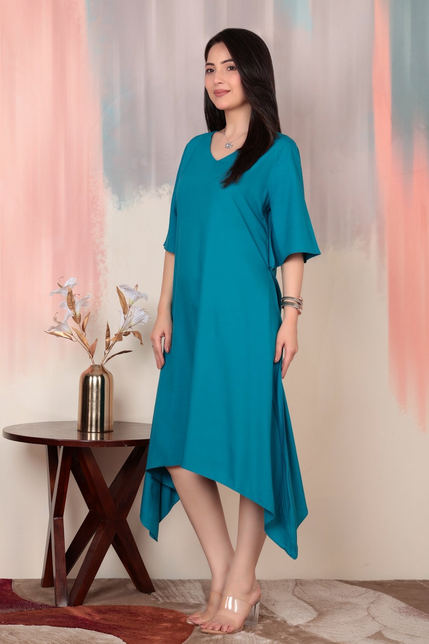 Turquoise blue v-neck line dress with sleeves [ Premium 100% Rayon, Liva Certified ] -Rayon flare dress with pocket