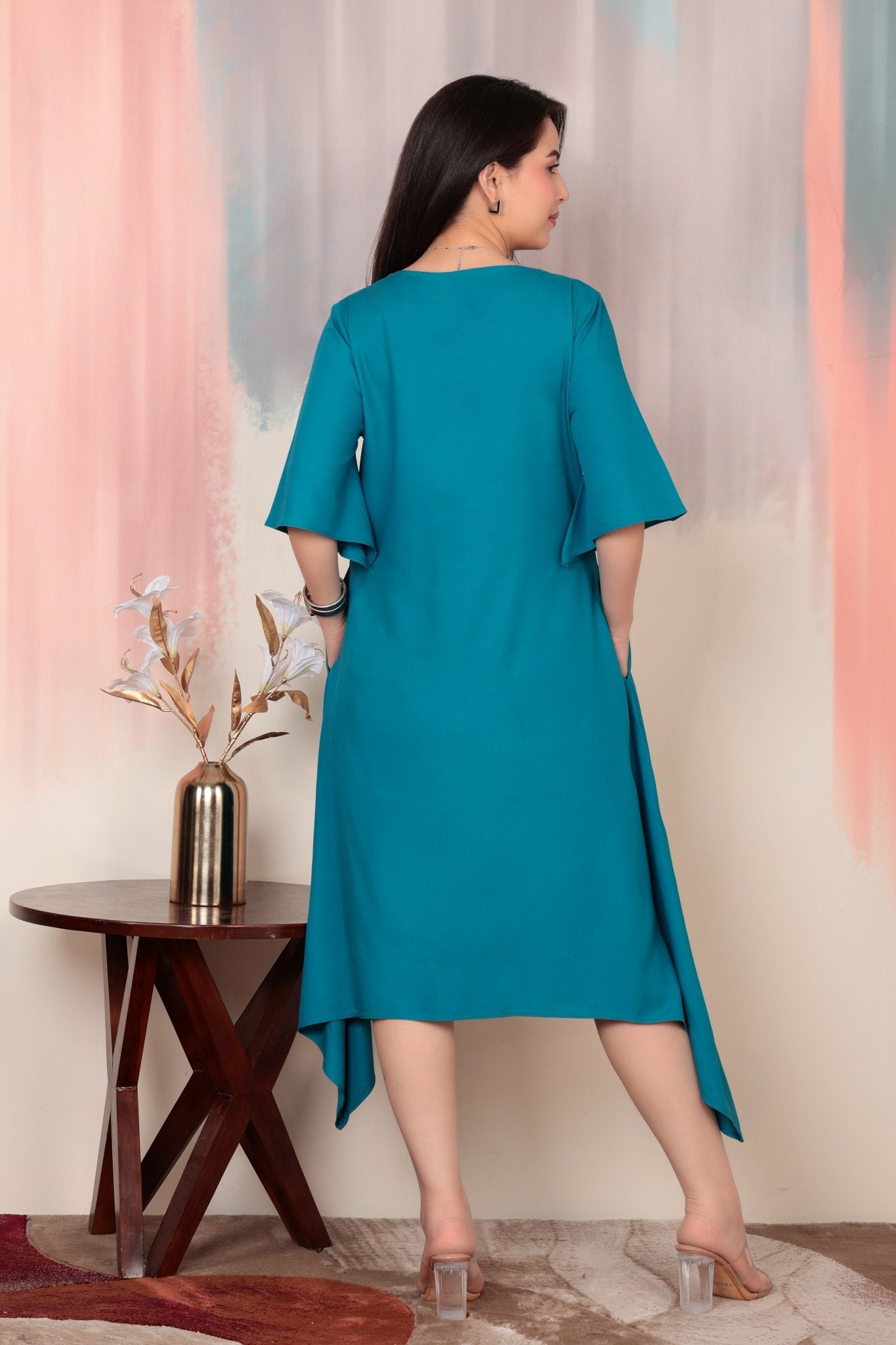 Turquoise blue v-neck line dress with sleeves [ Premium 100% Rayon, Liva Certified ] -Rayon flare dress with pocket