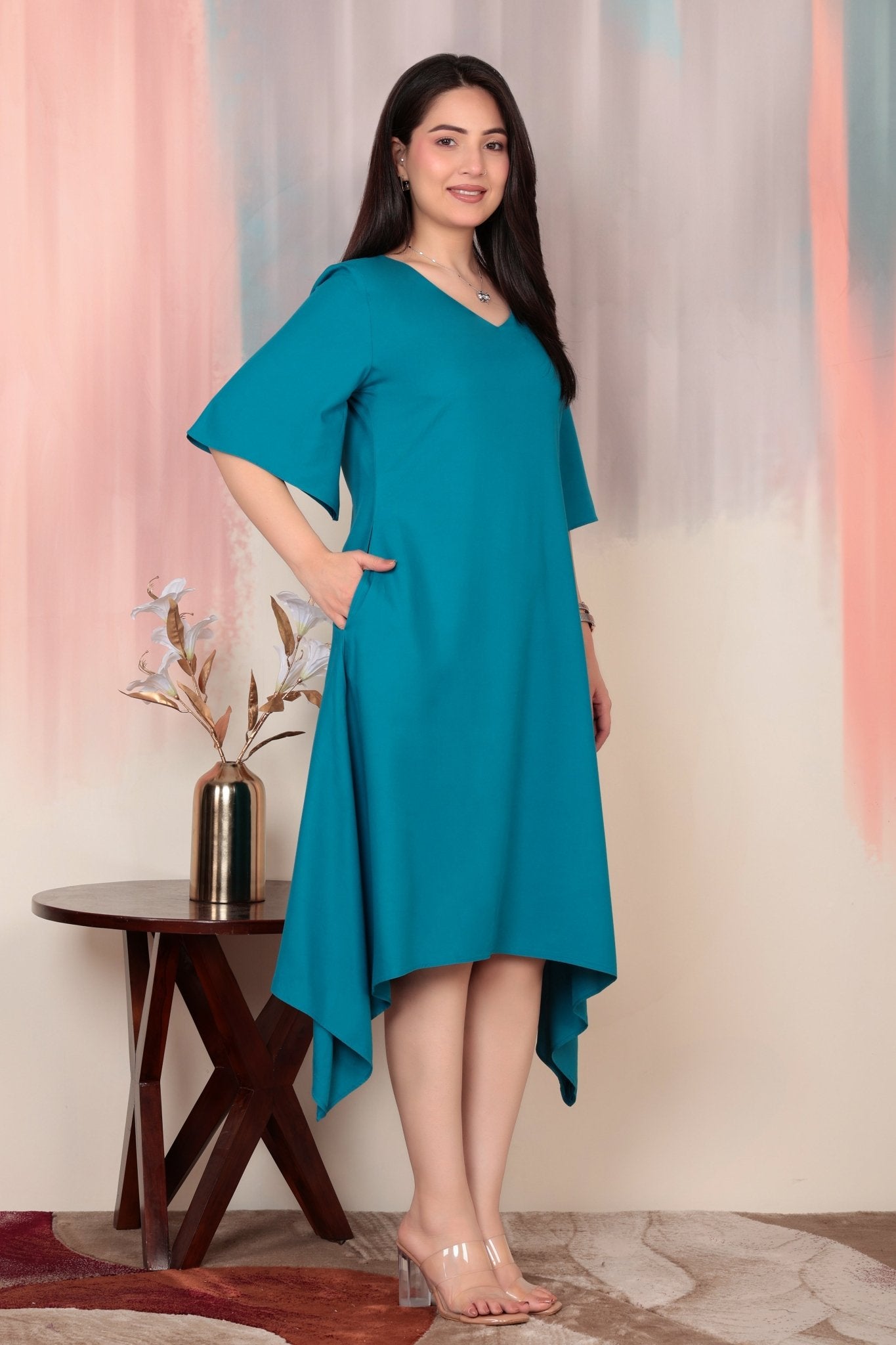 Turquoise blue v-neck line dress with sleeves [ Premium 100% Rayon, Liva Certified ] -Rayon flare dress with pocket