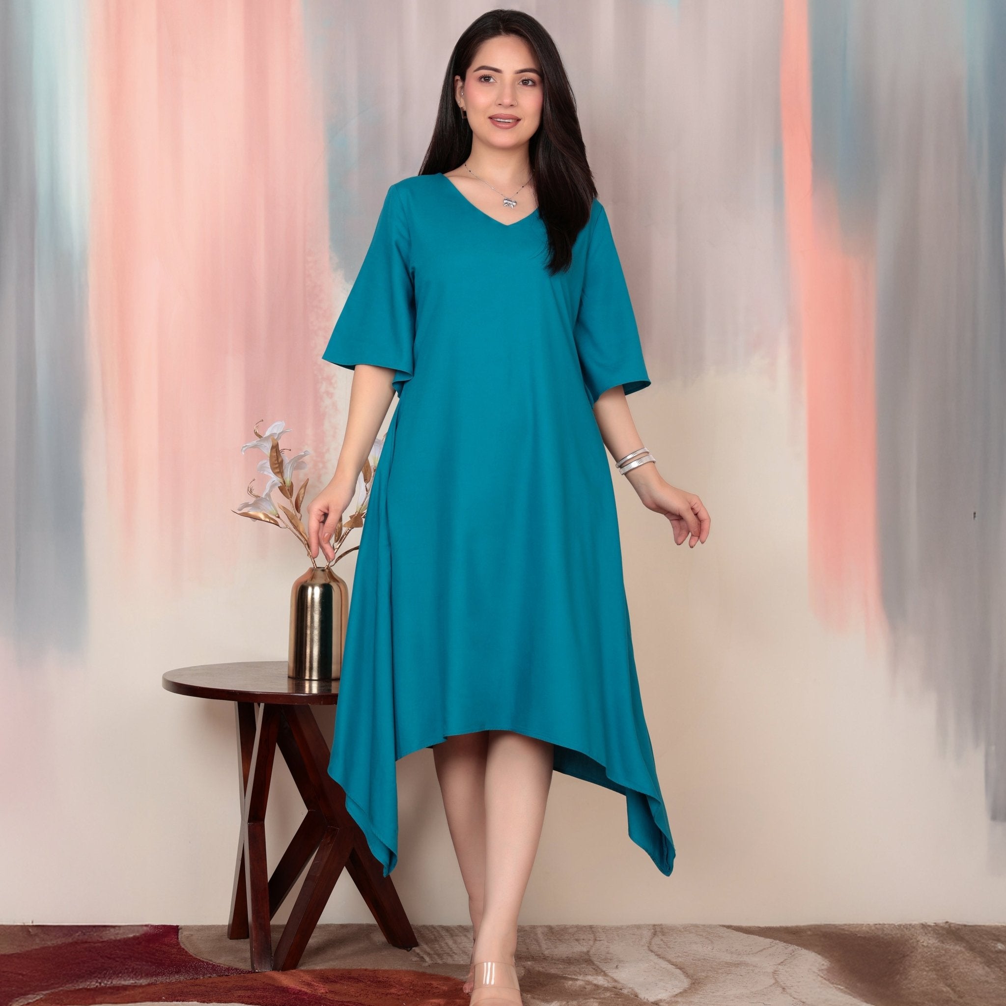 Turquoise blue v-neck line dress with sleeves [ Premium 100% Rayon, Liva Certified ] -Rayon flare dress with pocket