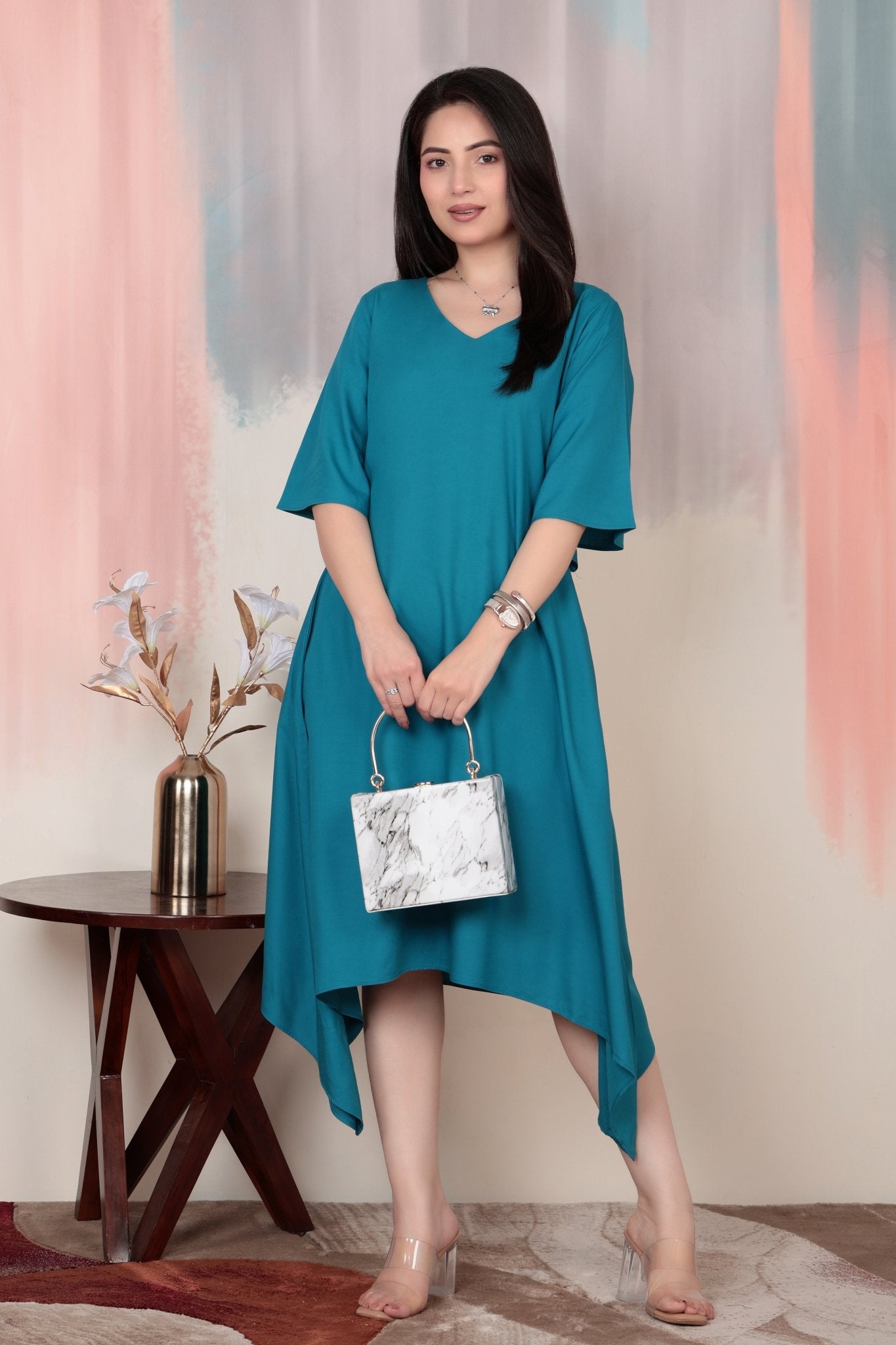 Turquoise blue v-neck line dress with sleeves [ Premium 100% Rayon, Liva Certified ] -Rayon flare dress with pocket