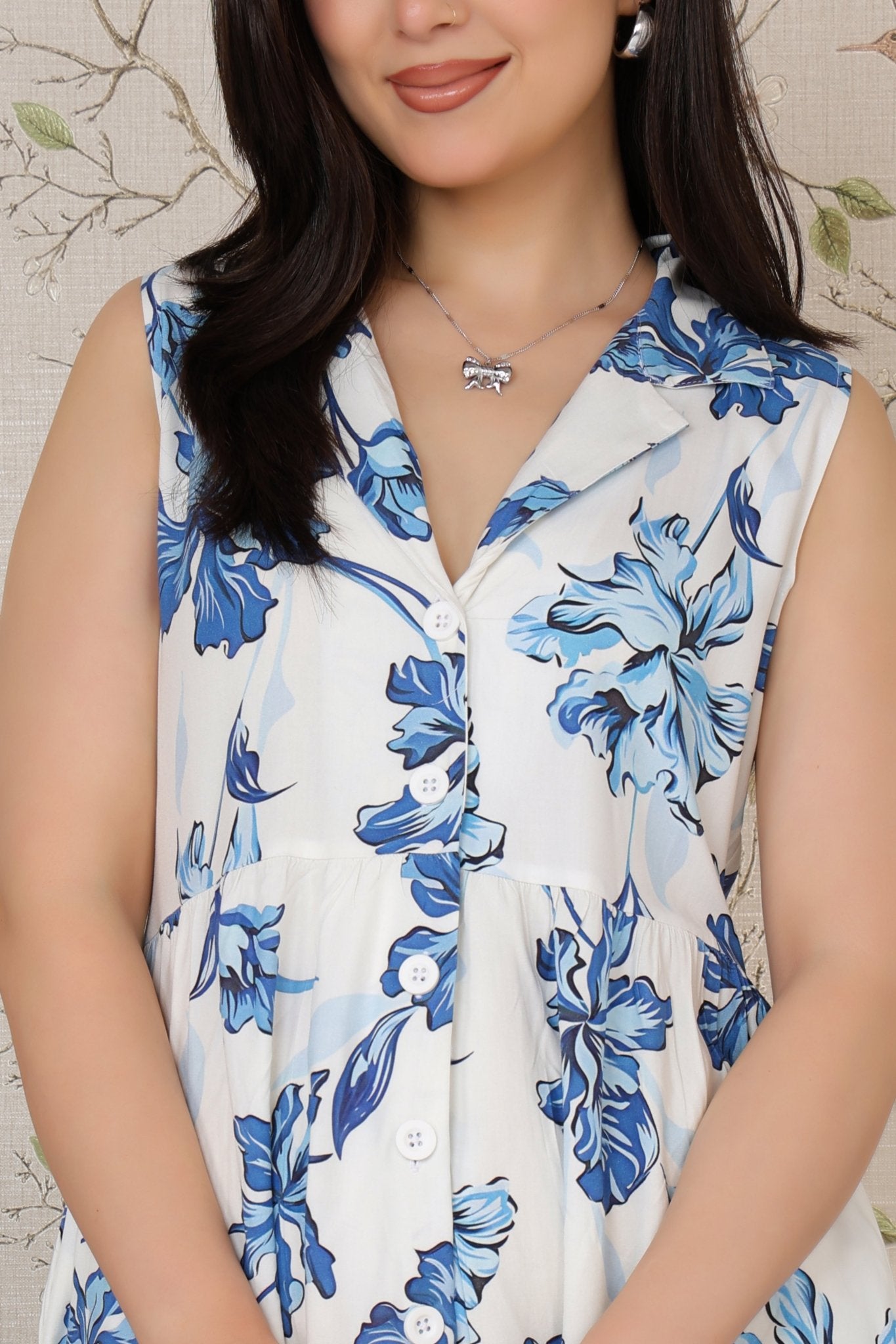 White Blue Floral Breeze Shirt Dress [100% pure rayon] -floral breeze shirt dress
