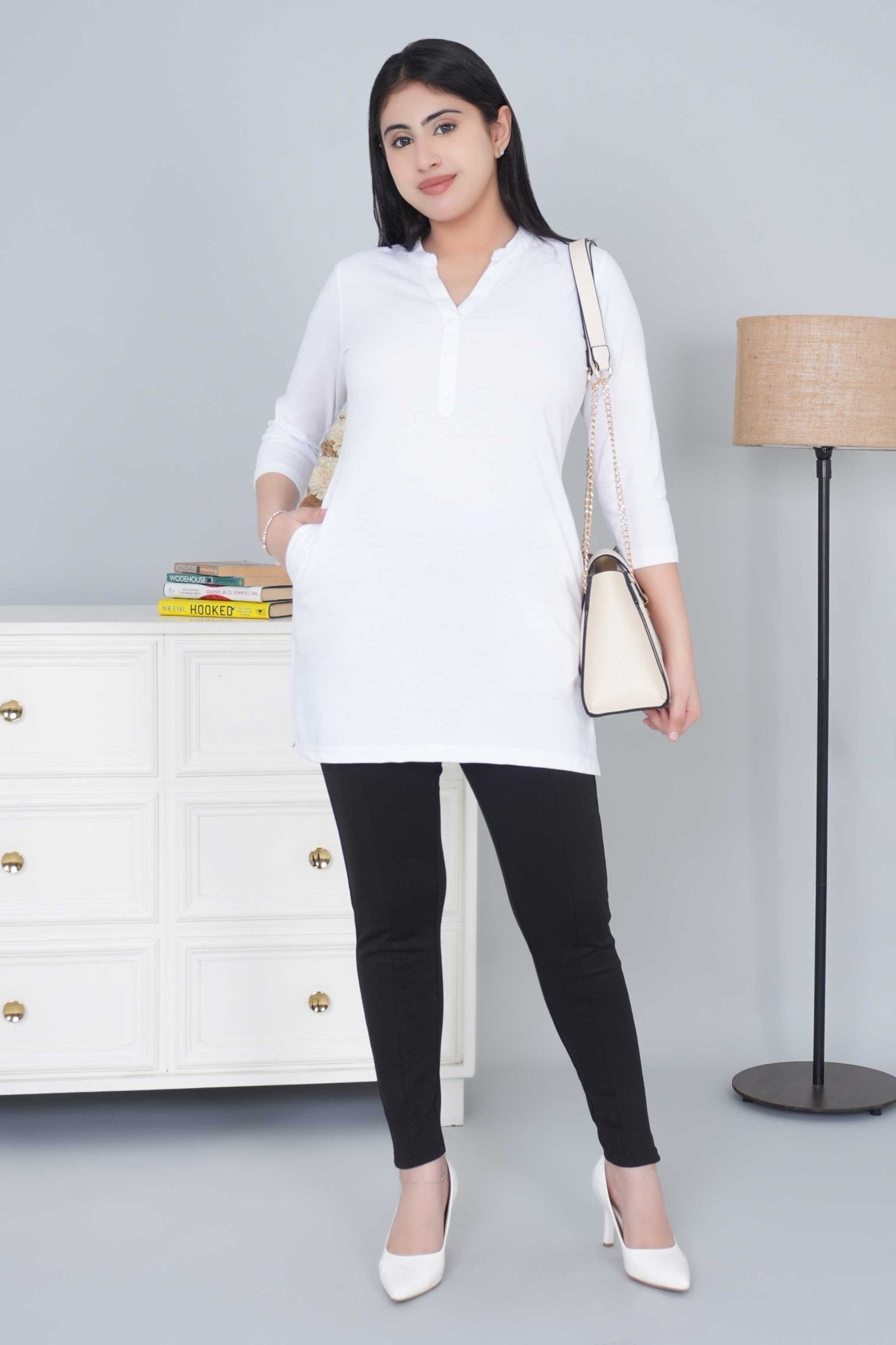 White cotton kurti tshirt with pockets - Kurti tshirt