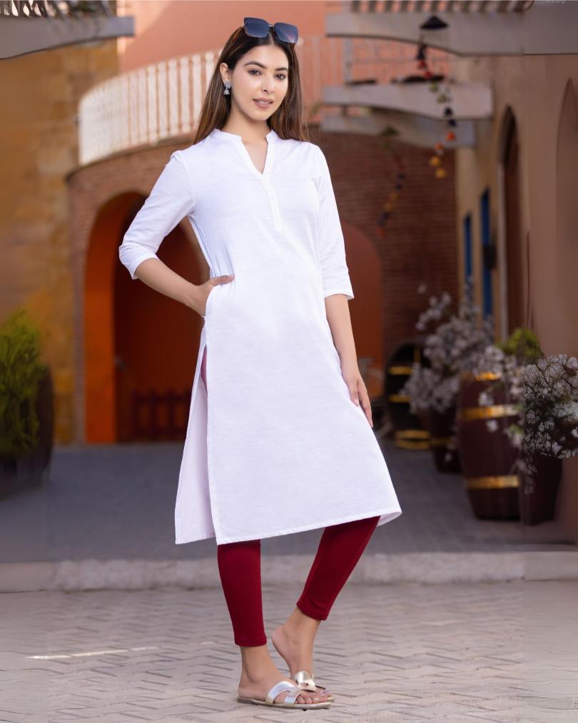 White Cotton Linen Long Kurti for officewear - Long kurti