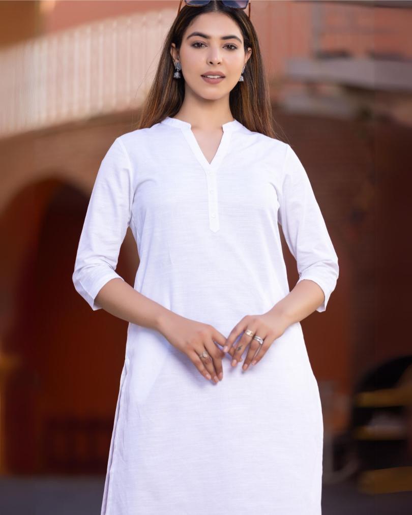 White Cotton Linen Long Kurti for officewear - Long kurti