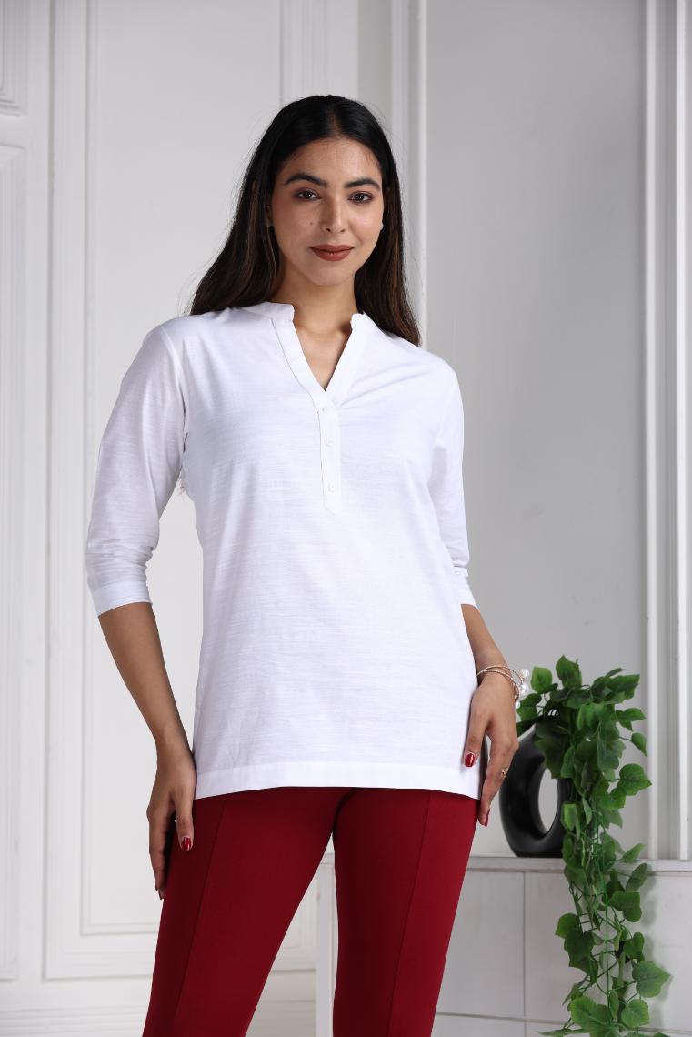 White Cotton Linen Short Kurti - Short kurta